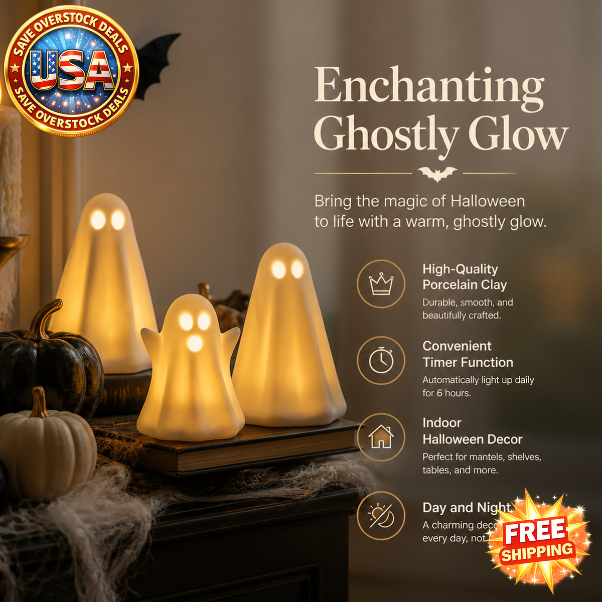 Light Up Ceramic Ghost Decorations for Halloween, 3 Pack