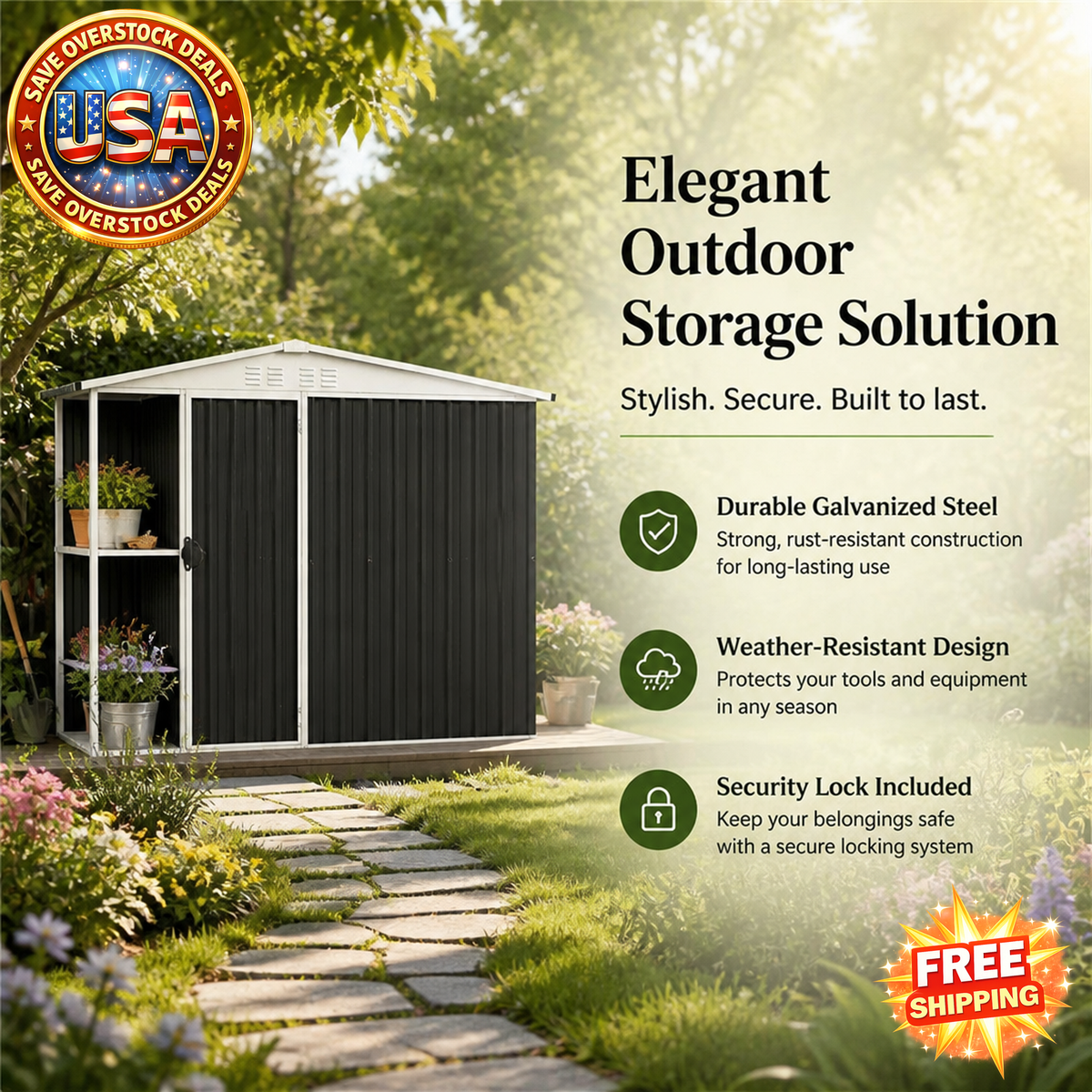 Dark Gray Metal Garden Shed with Two-Tier Storage Rack