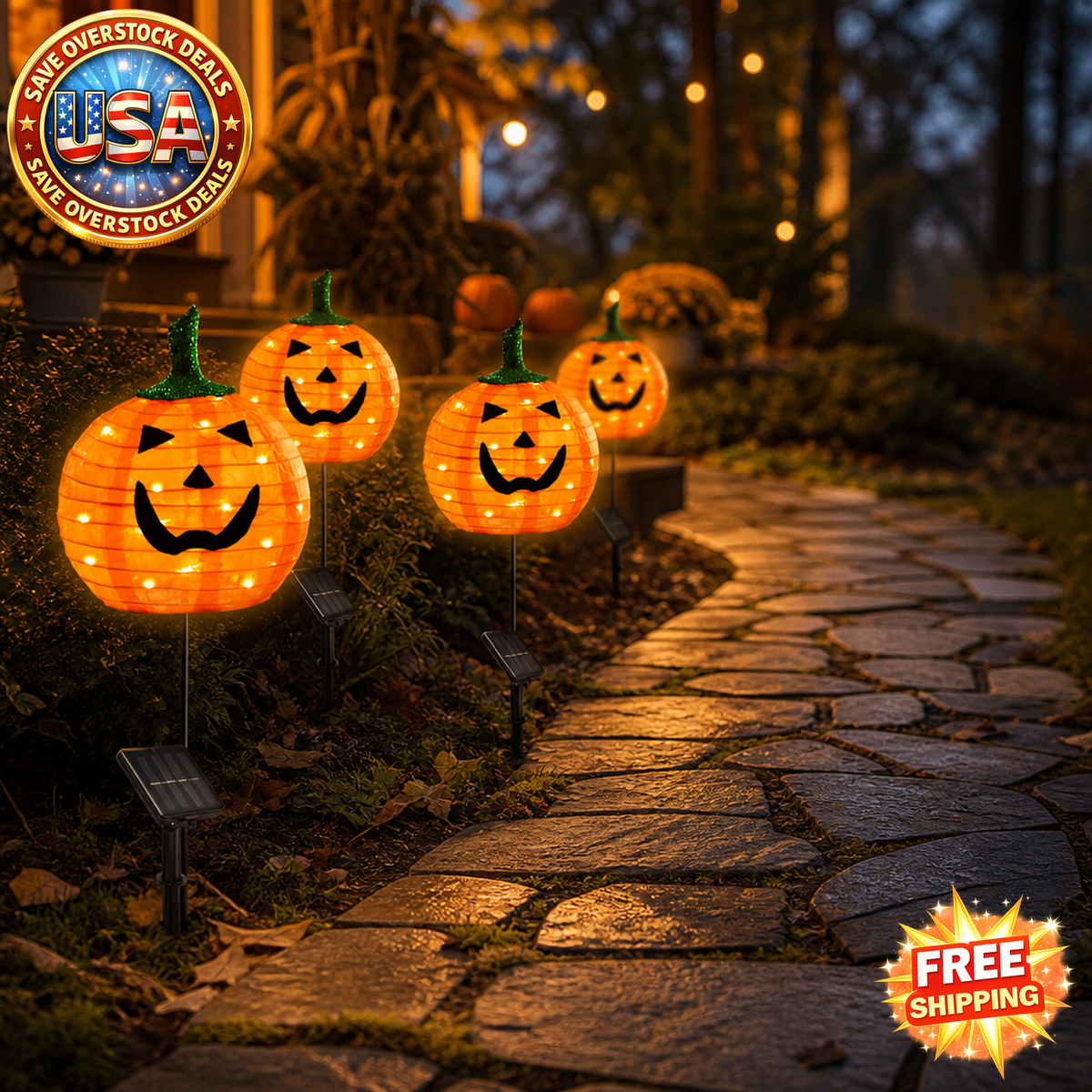 Solar Halloween Pumpkin LED Lights - Set of 4 Outdoor Decorations