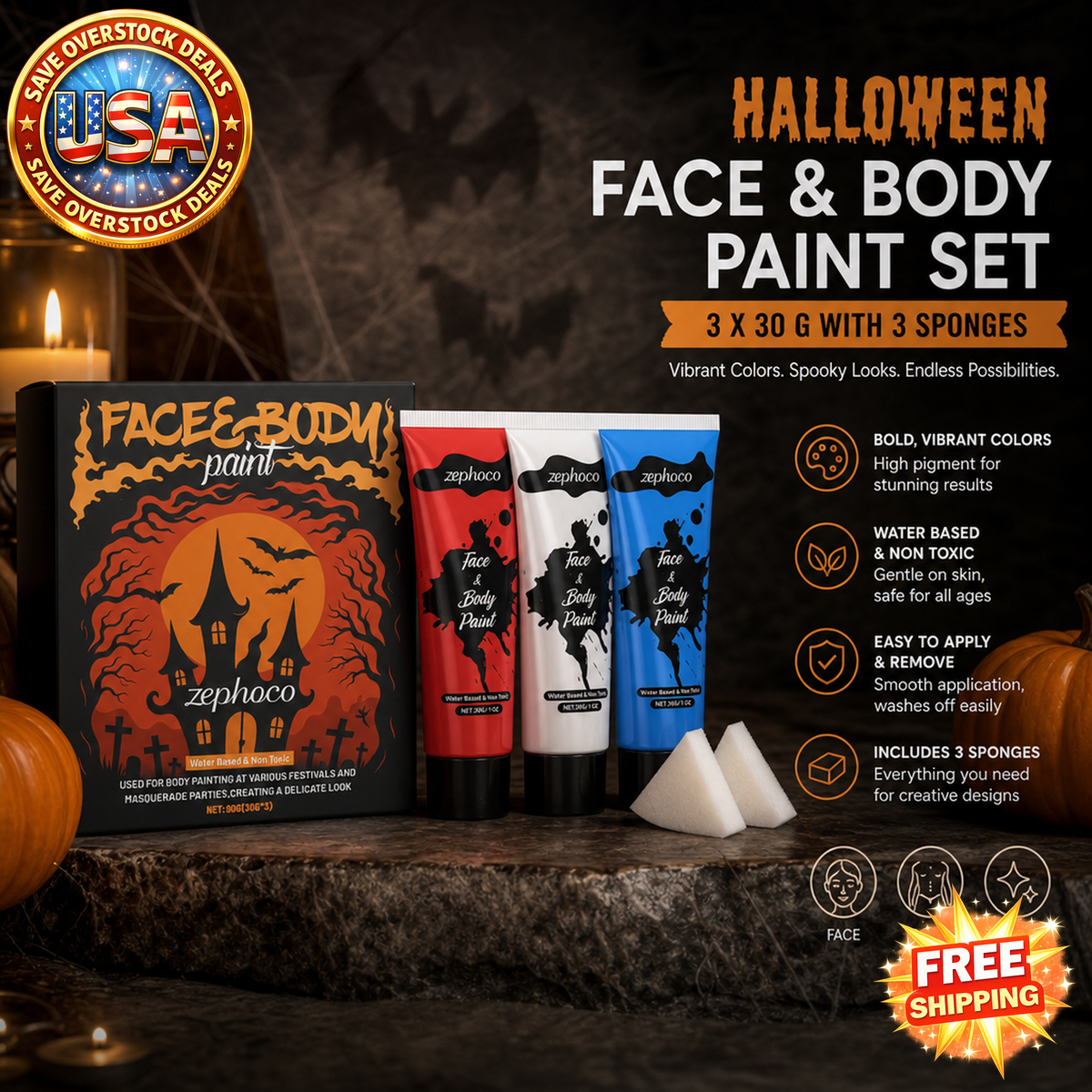 zephoco Halloween Face and Body Paint Set with 3 Sponges