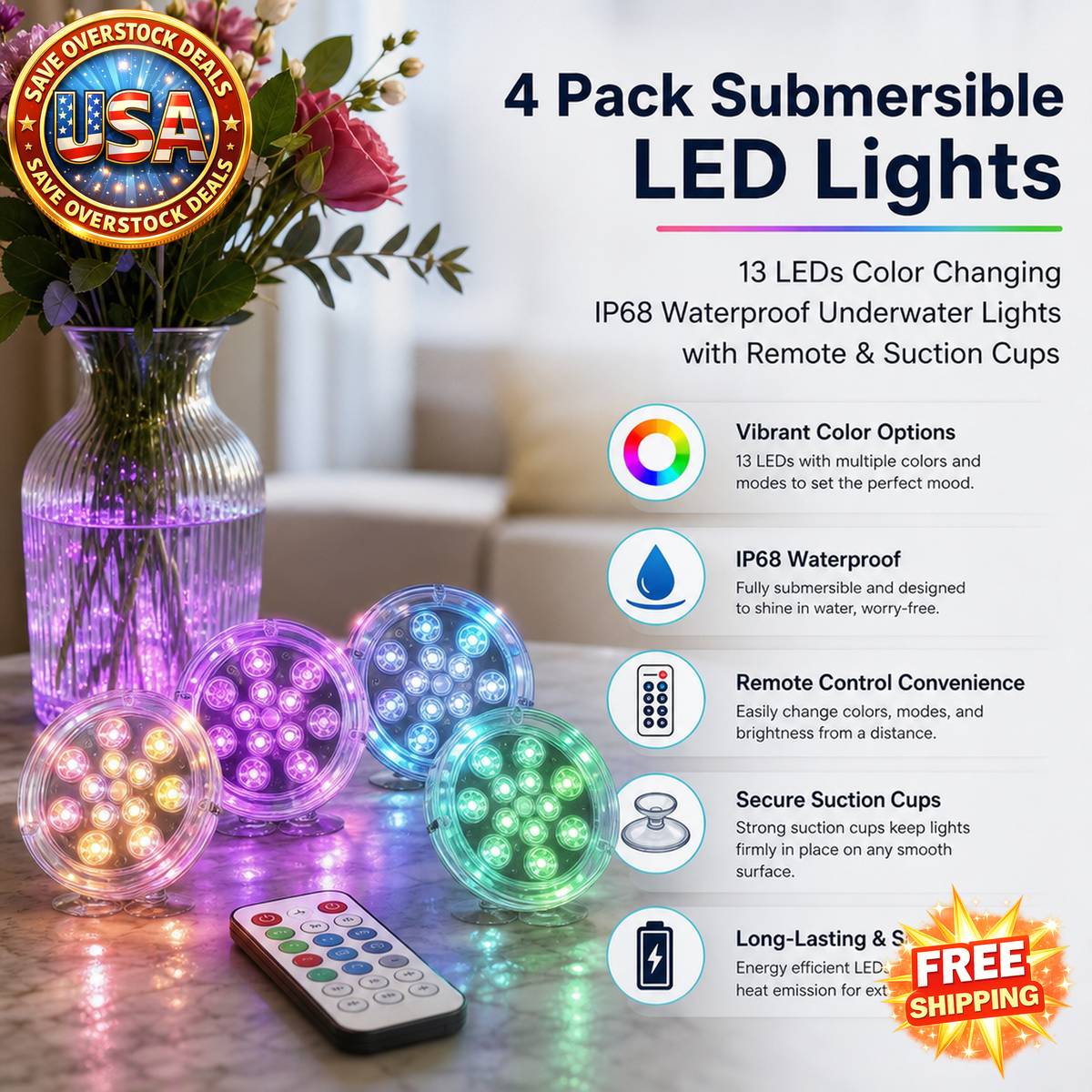 Submersible LED Lights with Remote - 4 Pack Color Changing