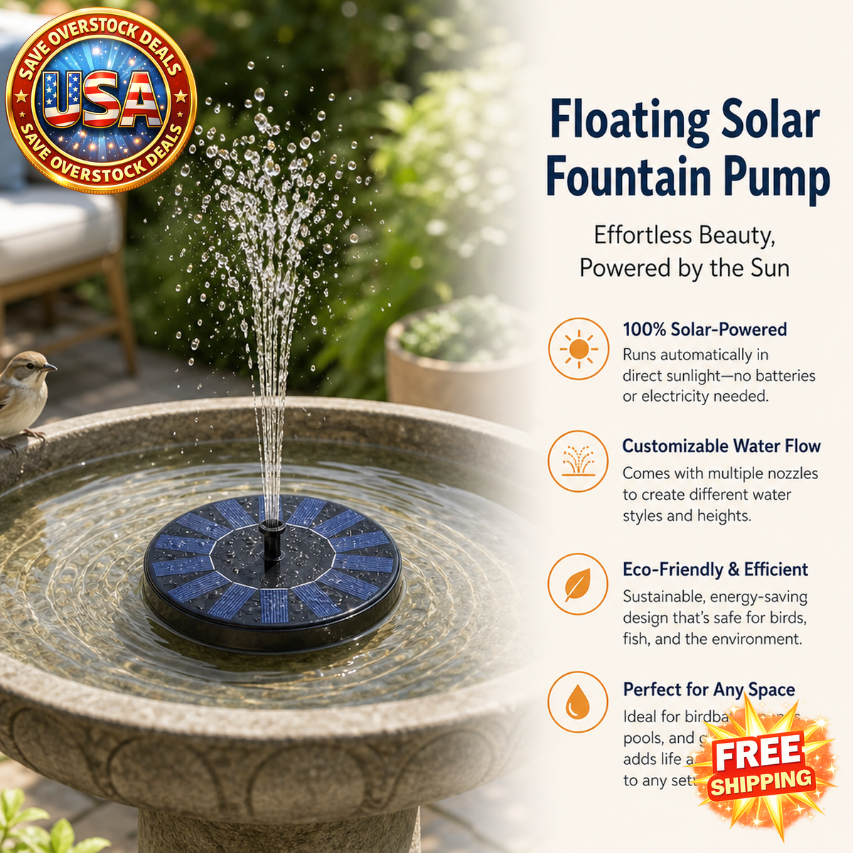 Floating Solar Fountain Pump for Birdbath and Pond Decoration