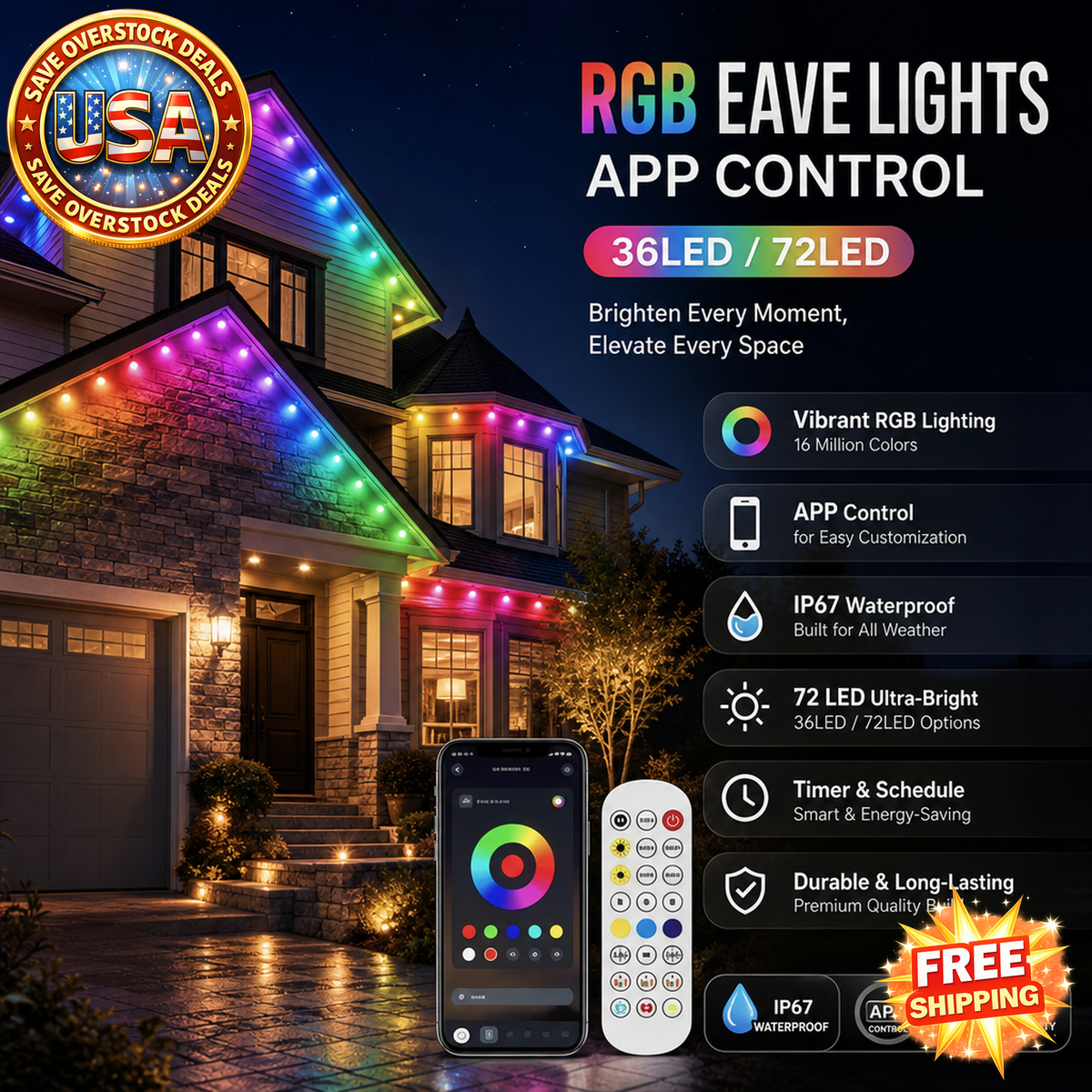 RGB Eave Lights with APP Control, Waterproof Outdoor Decor
