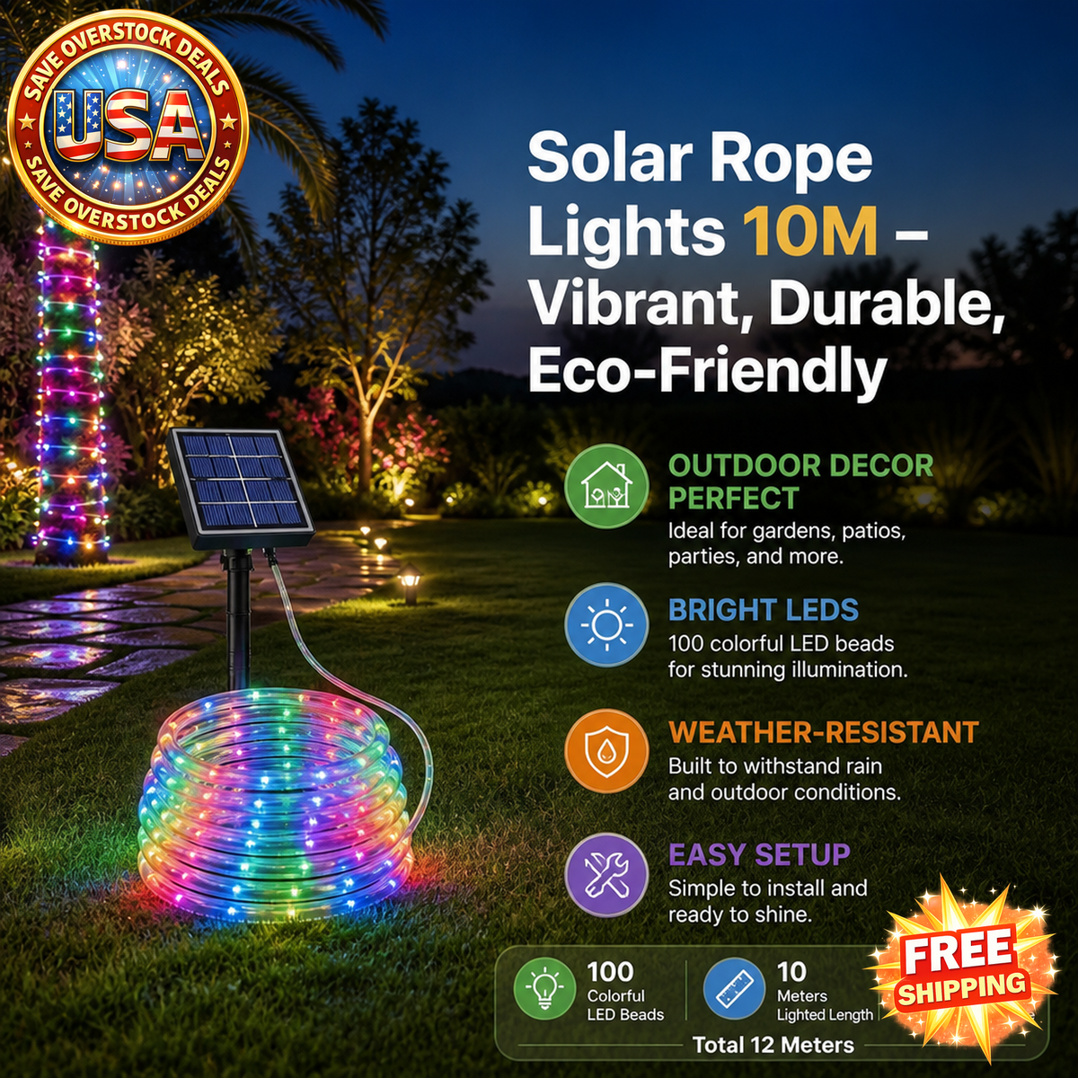 Solar Multicolor Rope Lights 10M with 100 LEDs, Waterproof