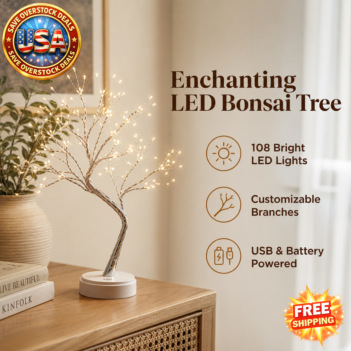 Tabletop Bonsai Tree Light with 108 LEDs, USB & Battery Powered