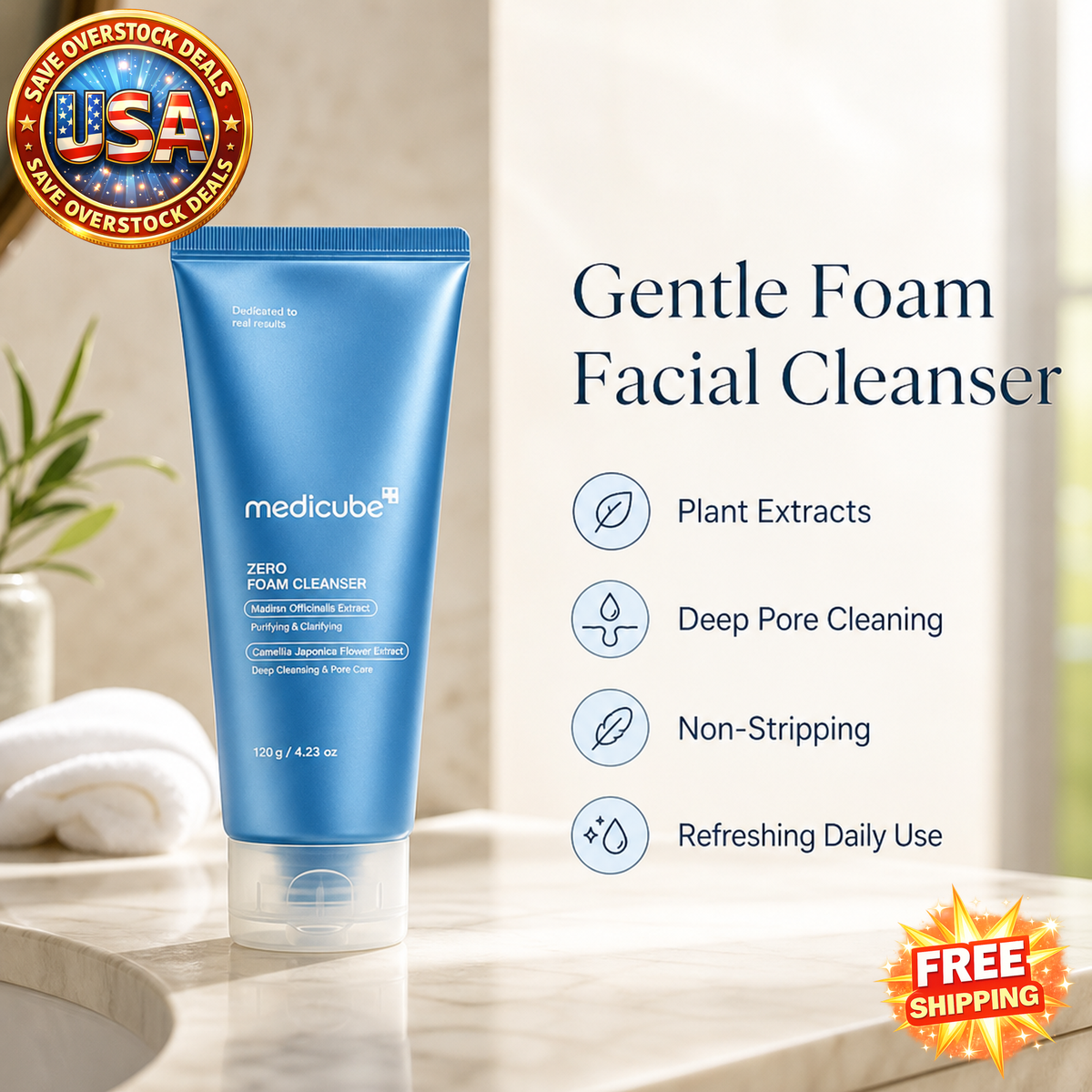4.23oz Gentle Zero Foam Facial Cleanser, Deep Pore Cleaning Foam Face Wash with Plant Extracts, Refreshing Daily Face Cleanser for All Skin Types