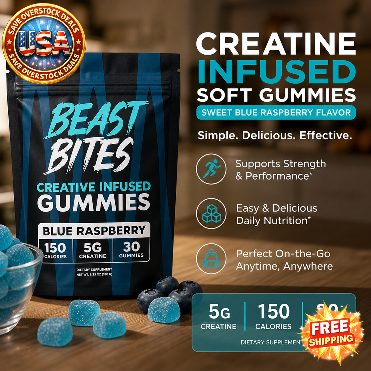 Creatine Infused Soft Gummies, Blue Raspberry Flavor, 150 Count