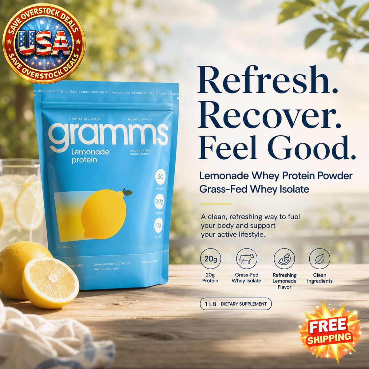 Lemonade Whey Protein Powder, Grass-Fed Whey Isolate, 20g Protein