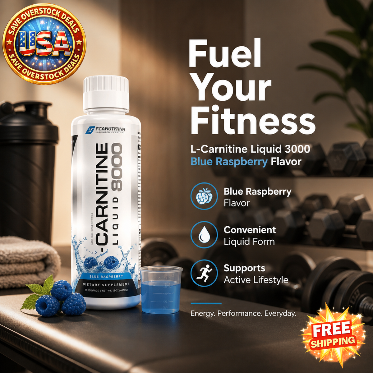 Liquid L-Carnitine 3000 Blue Raspberry Flavor Wellness Supplement