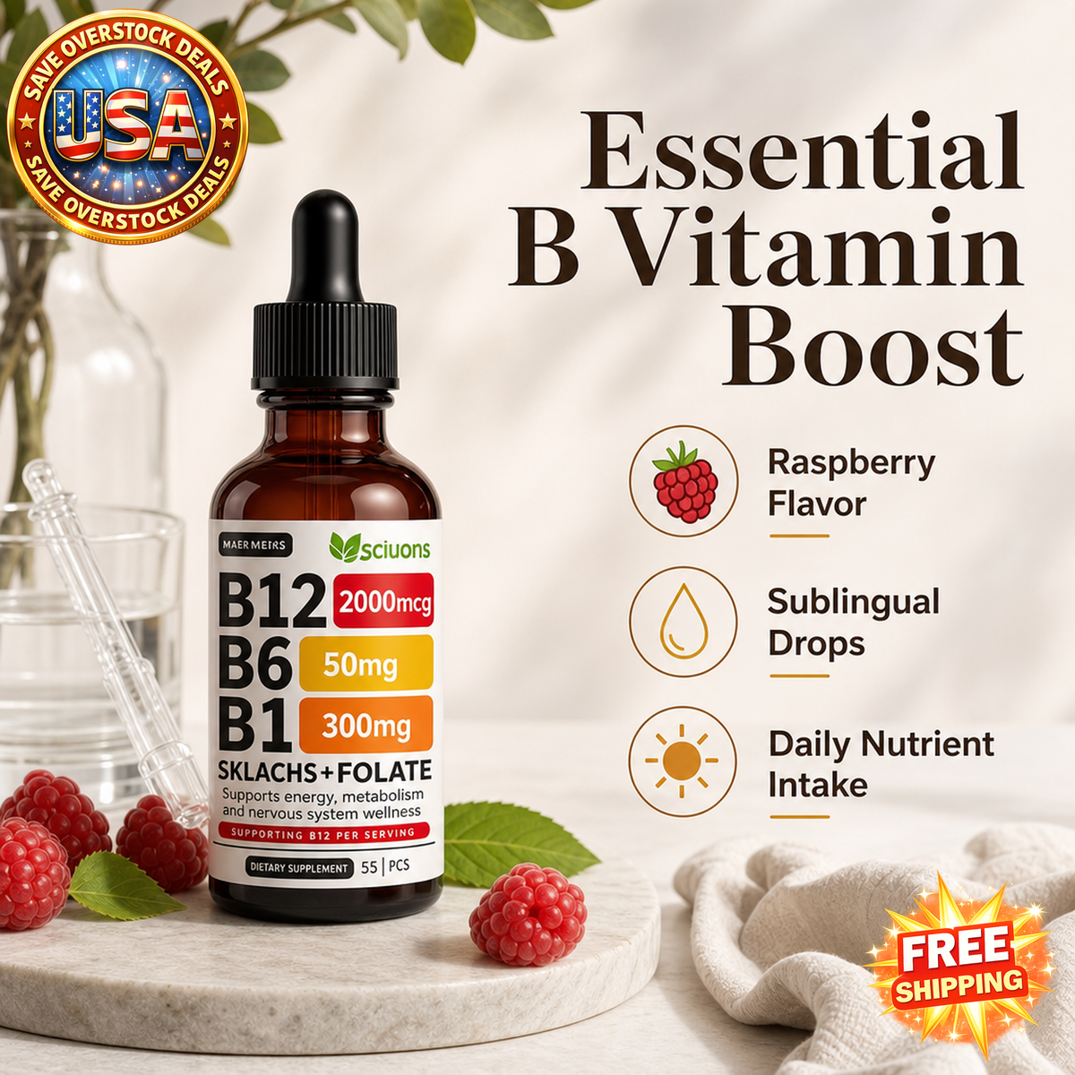 Liquid Vitamin B Complex Drops with Raspberry Flavor, 1 oz
