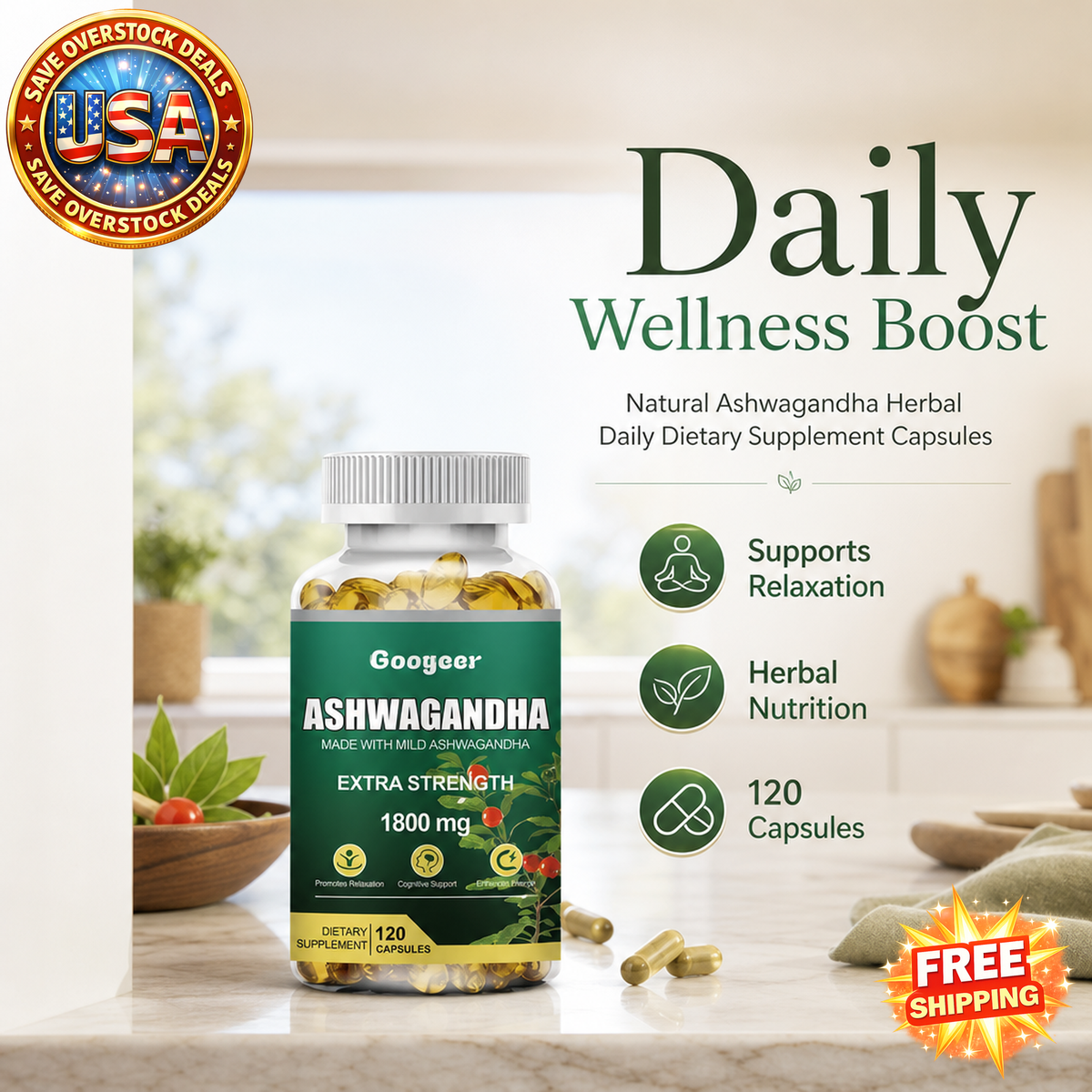 Natural Ashwagandha Herbal Dietary Supplement Capsules, 120 Count