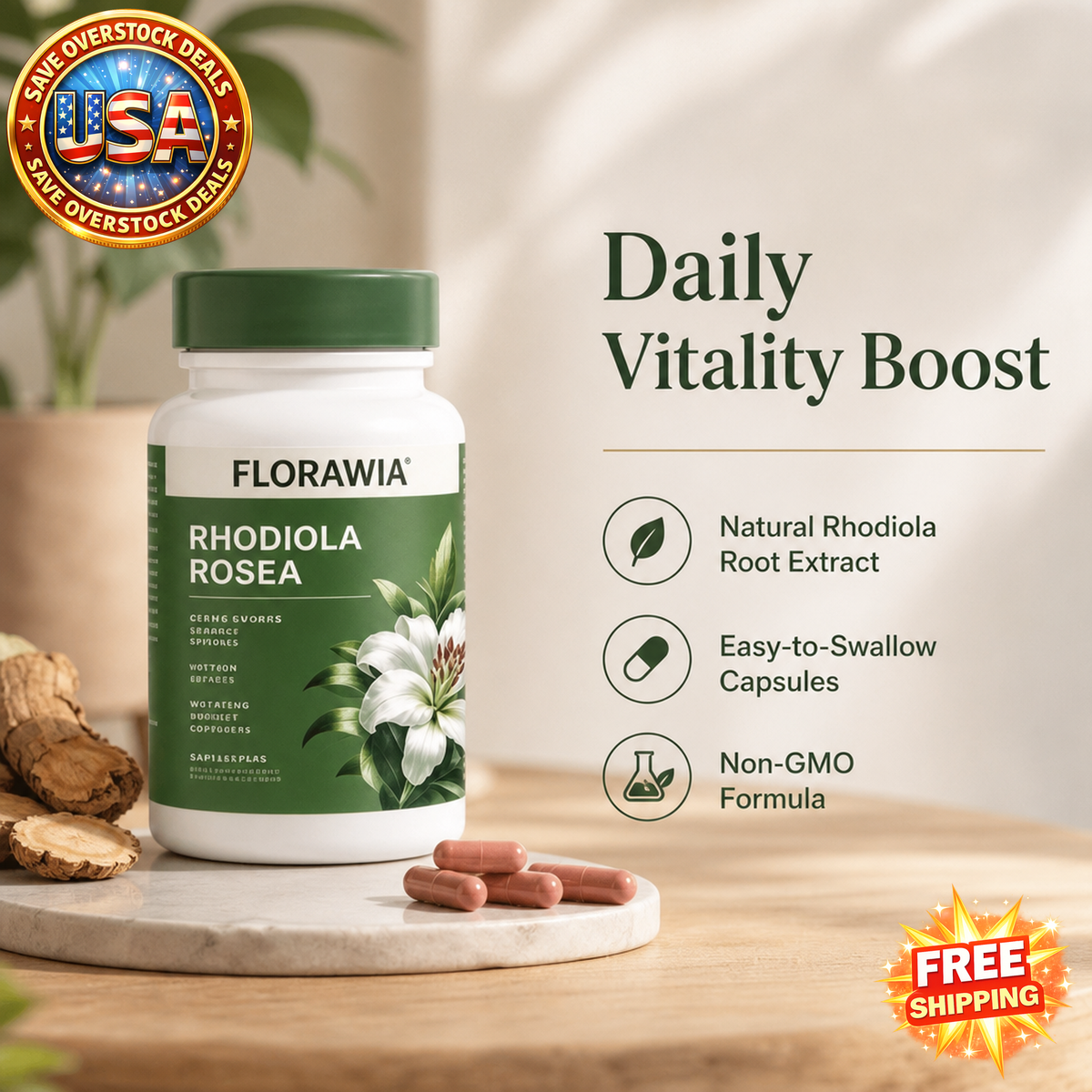 Rhodiola Rosea Capsules, Natural Herbal Supplement, 60 Count