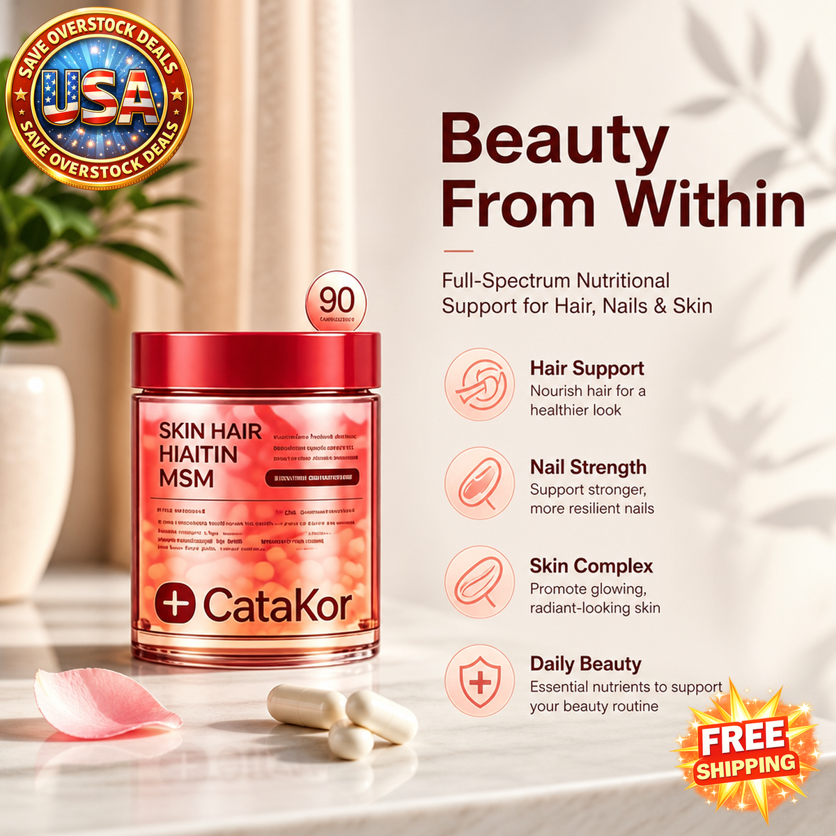 Skin Hair Nails Vitamin Capsules, Biotin MSM Nutritional Supplement Capsules, Daily Beauty Support Dietary Capsules for Adults