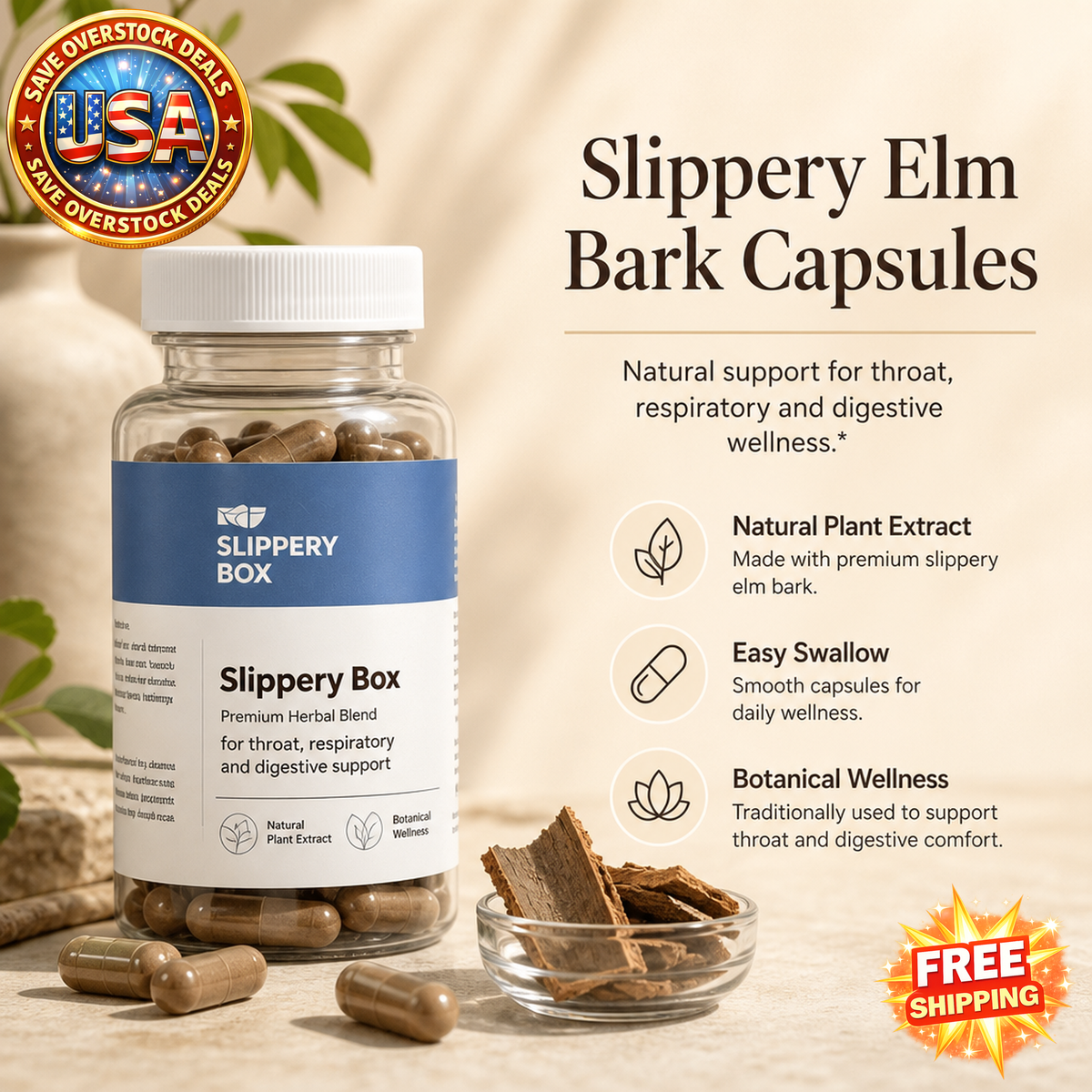 Slippery Elm Bark Herbal Capsules, Natural Plant Extract Nutritional Supplement for Adults, Easy Swallow Capsules