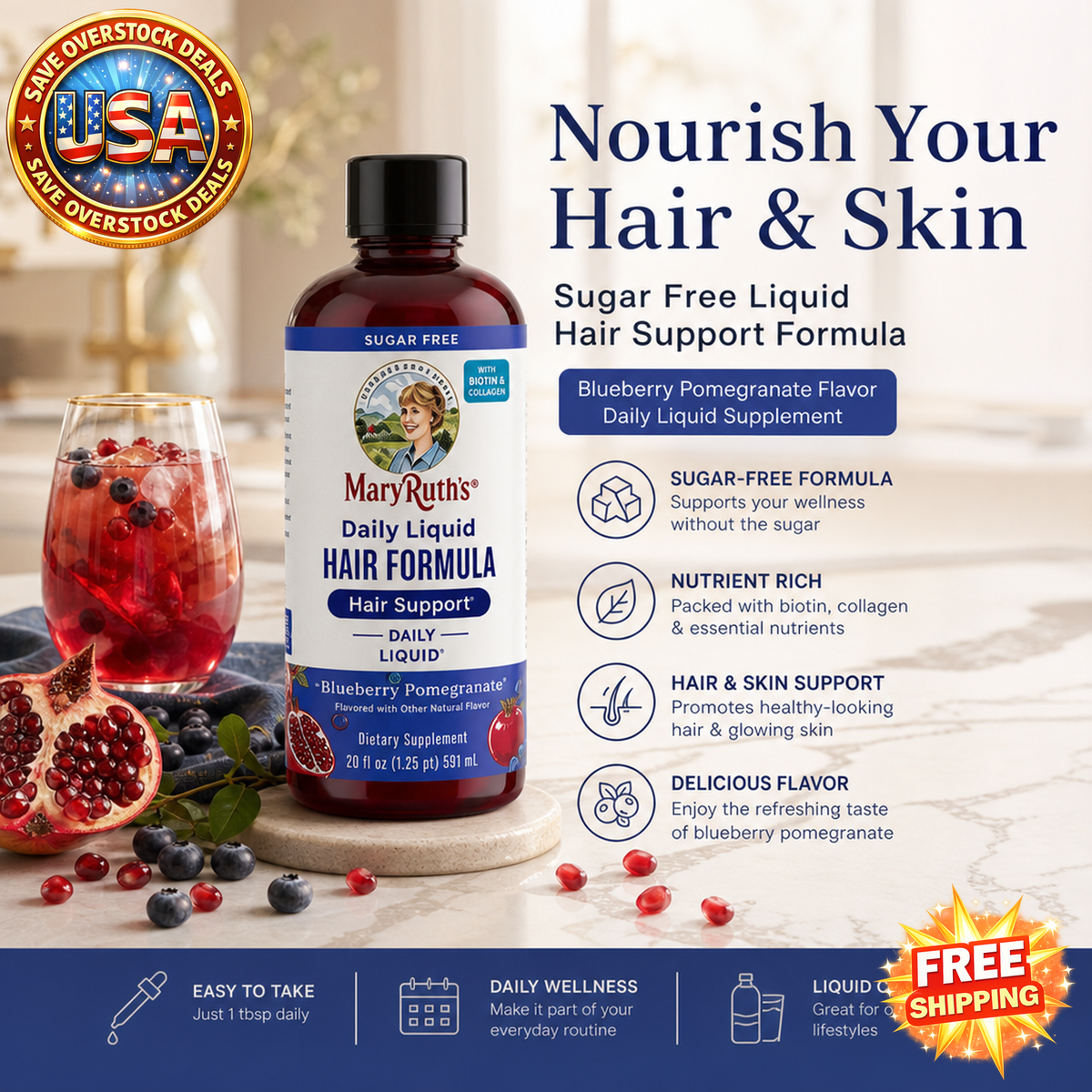 Sugar Free Liquid Hair Formula, Blueberry Pomegranate Flavor