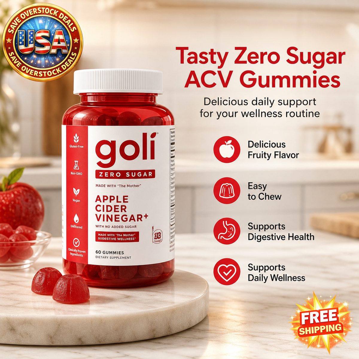 Zero Sugar Apple Cider Vinegar Gummies, Chewable Supplement