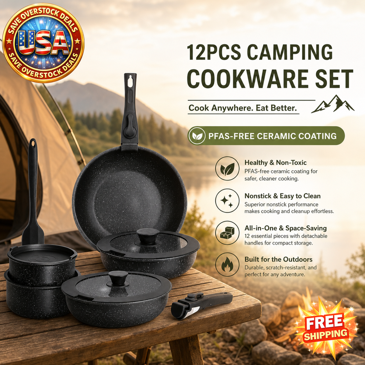 Camping Cookware Set 12pcs Nonstick Pots and Pans, Portable