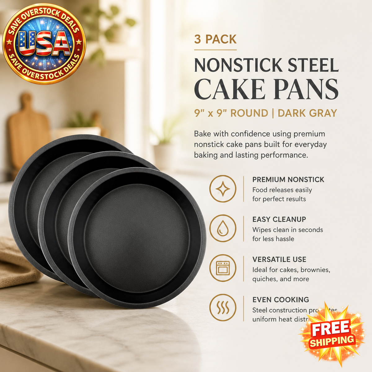 Nonstick Steel 9" Round Cake Pan Set, Dark Gray, 3 Pack