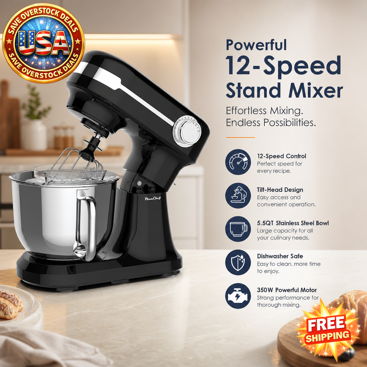 5.5QT Electric Stand Mixer with Stainless Steel Bowl, Black