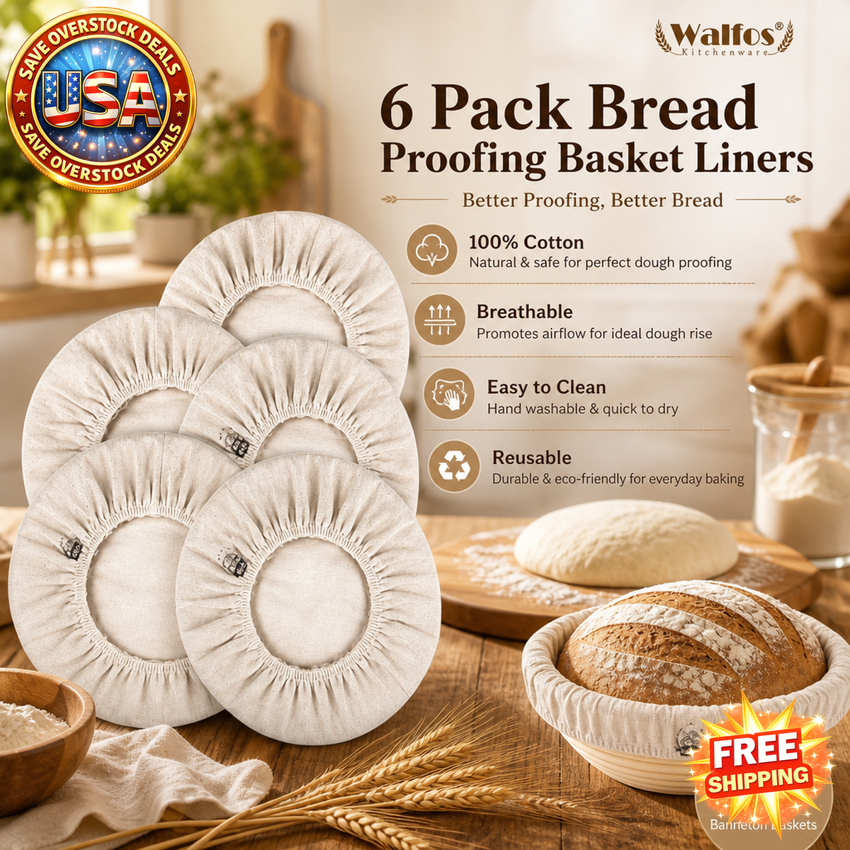 Bread Basket Liner Cloth, 9 Inch Round, 6 Packs