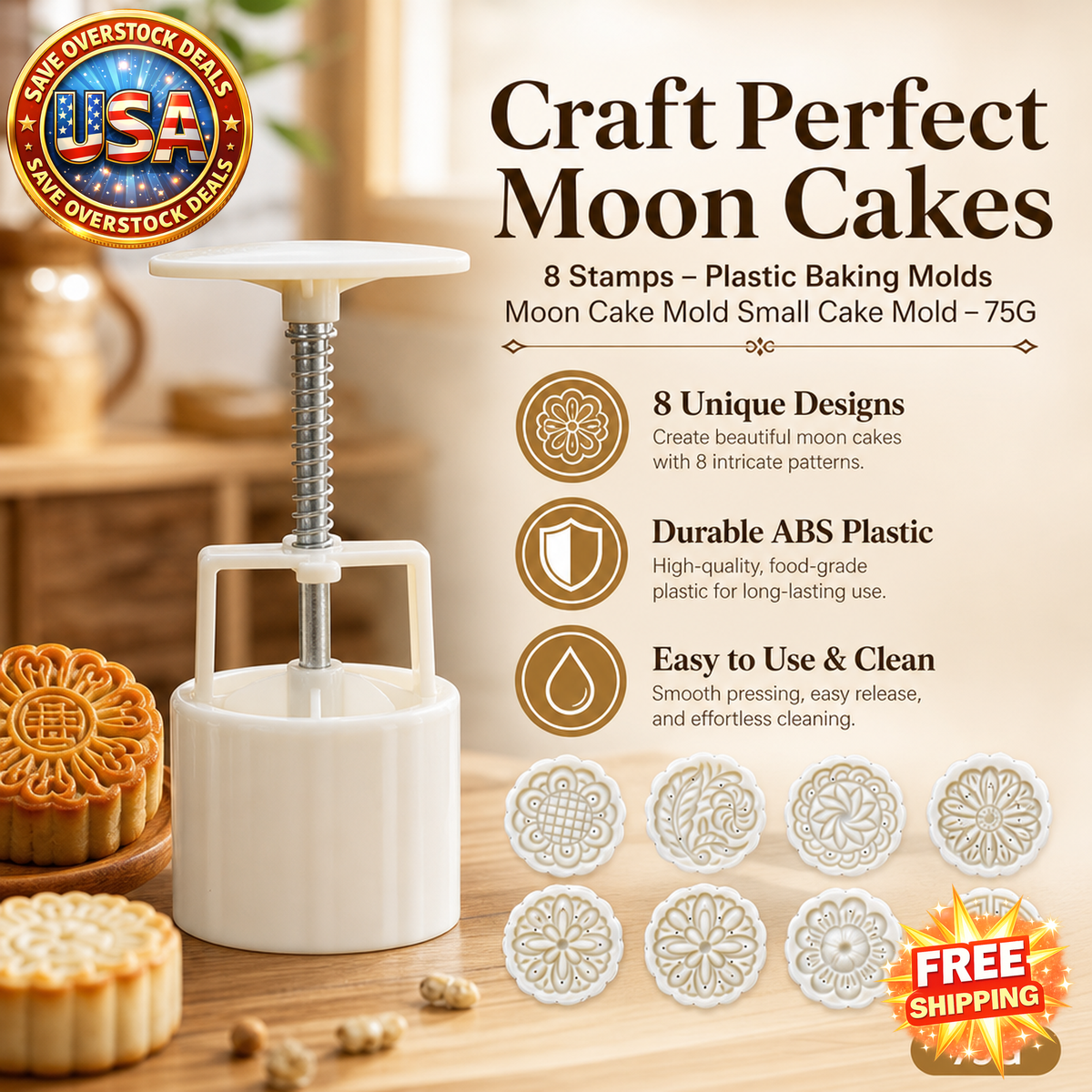 Plastic Moon Cake Mold with 8 Stamps - 75G Size