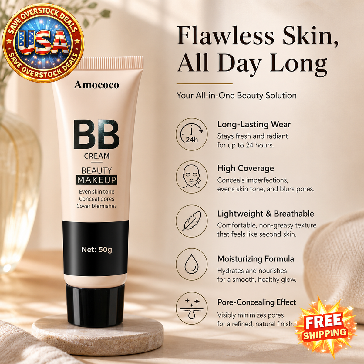 Amococo BB Cream Set - Lightweight Moisturizing Face Foundation