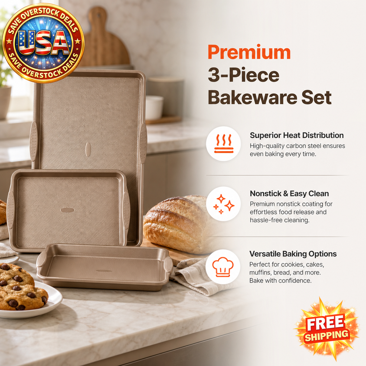 3-Piece Nonstick Baking Pans Set with Silicone Handles