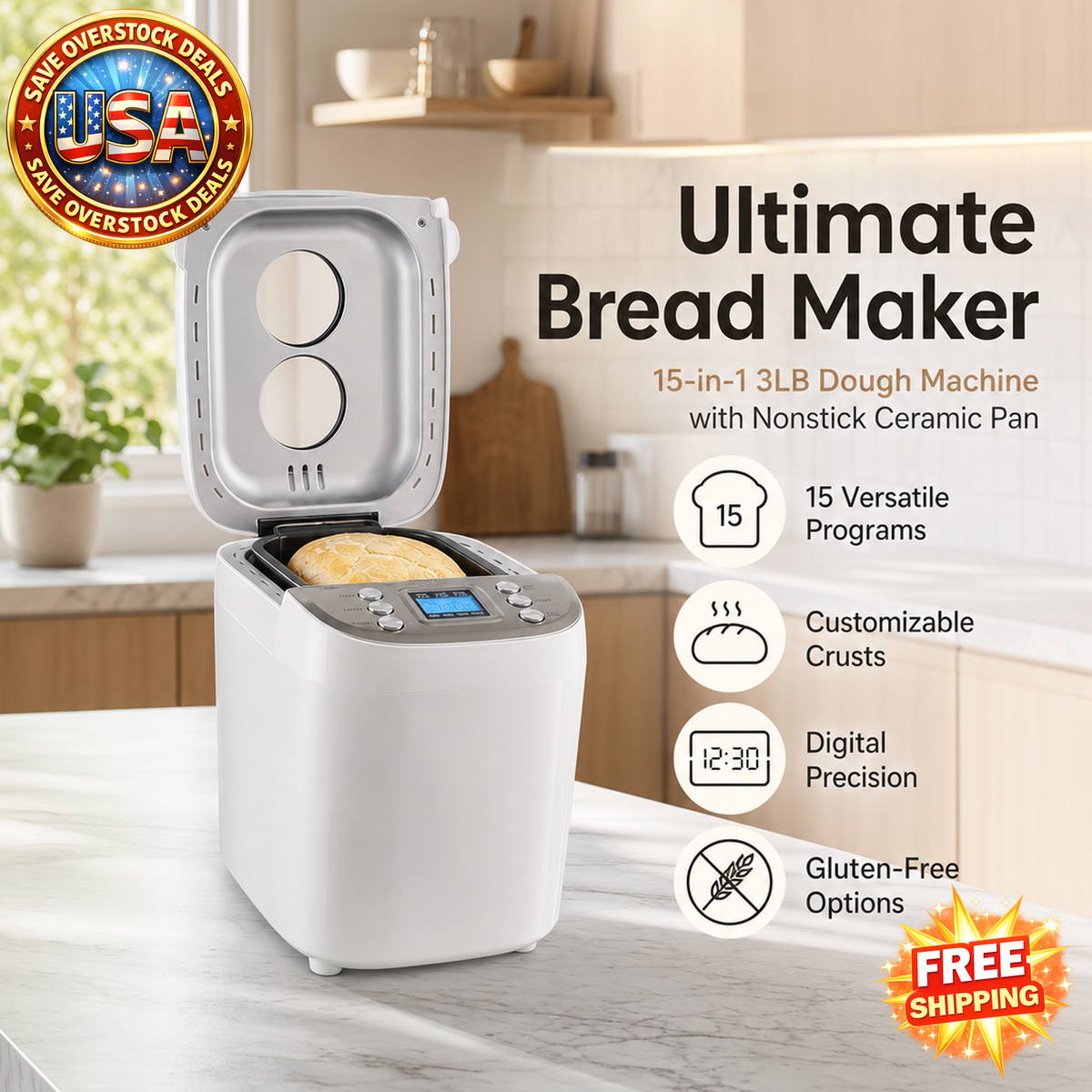 15-in-1 Bread Maker with Nonstick Ceramic Pan, 3LB