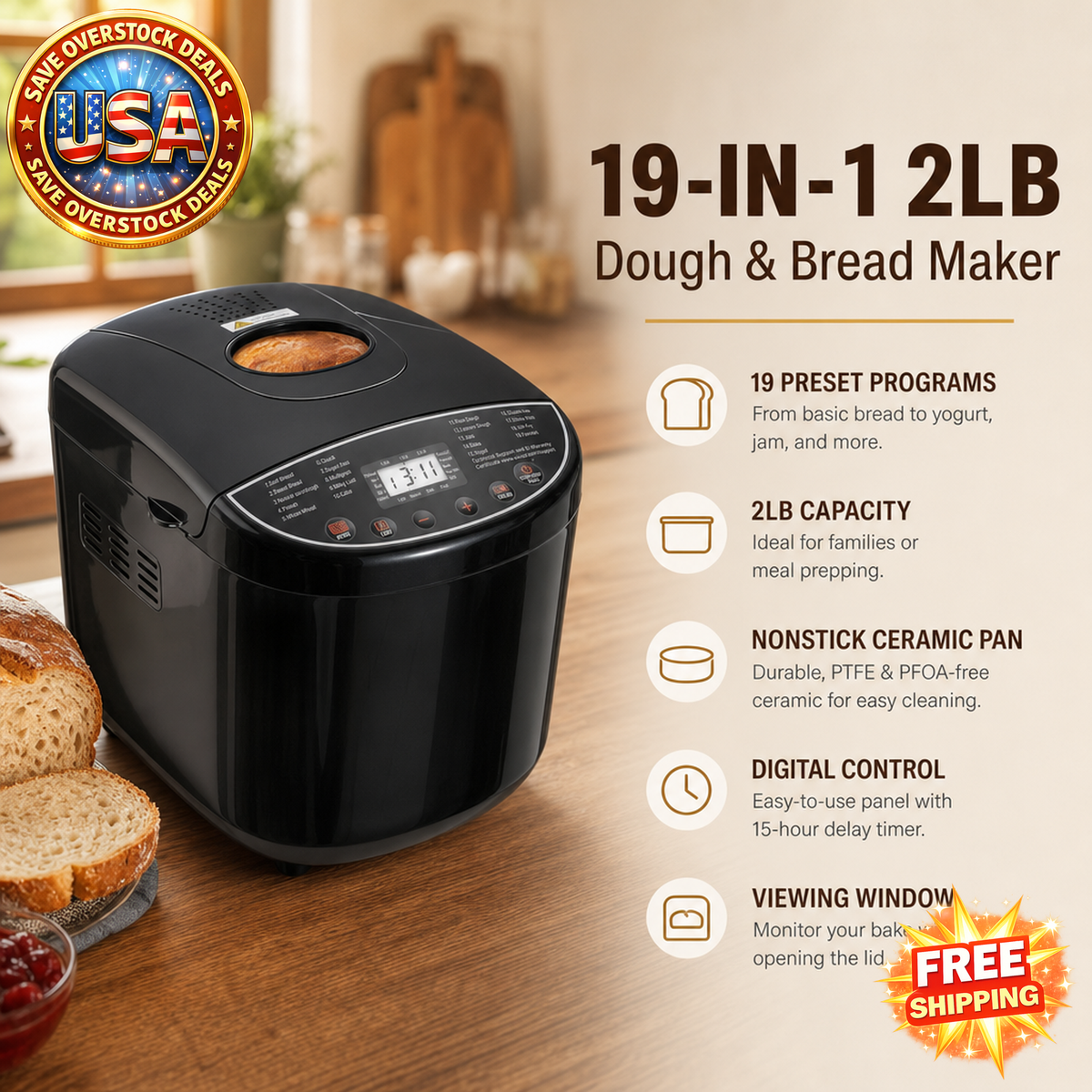 Automatic Bread Maker with 19 Functions and Nonstick Pan