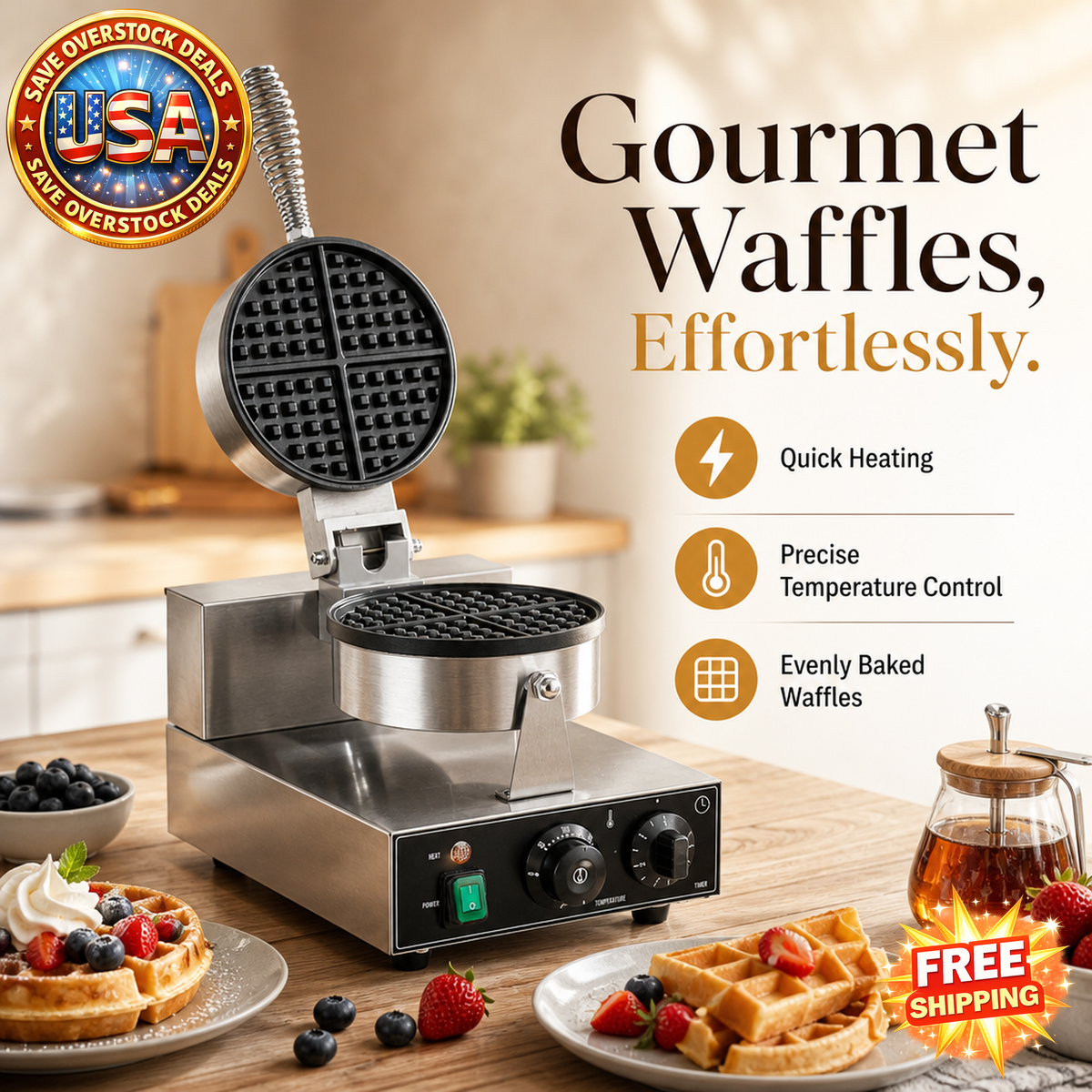 Commercial Waffle Maker, 1230W Non-Stick Belgian Waffle Iron