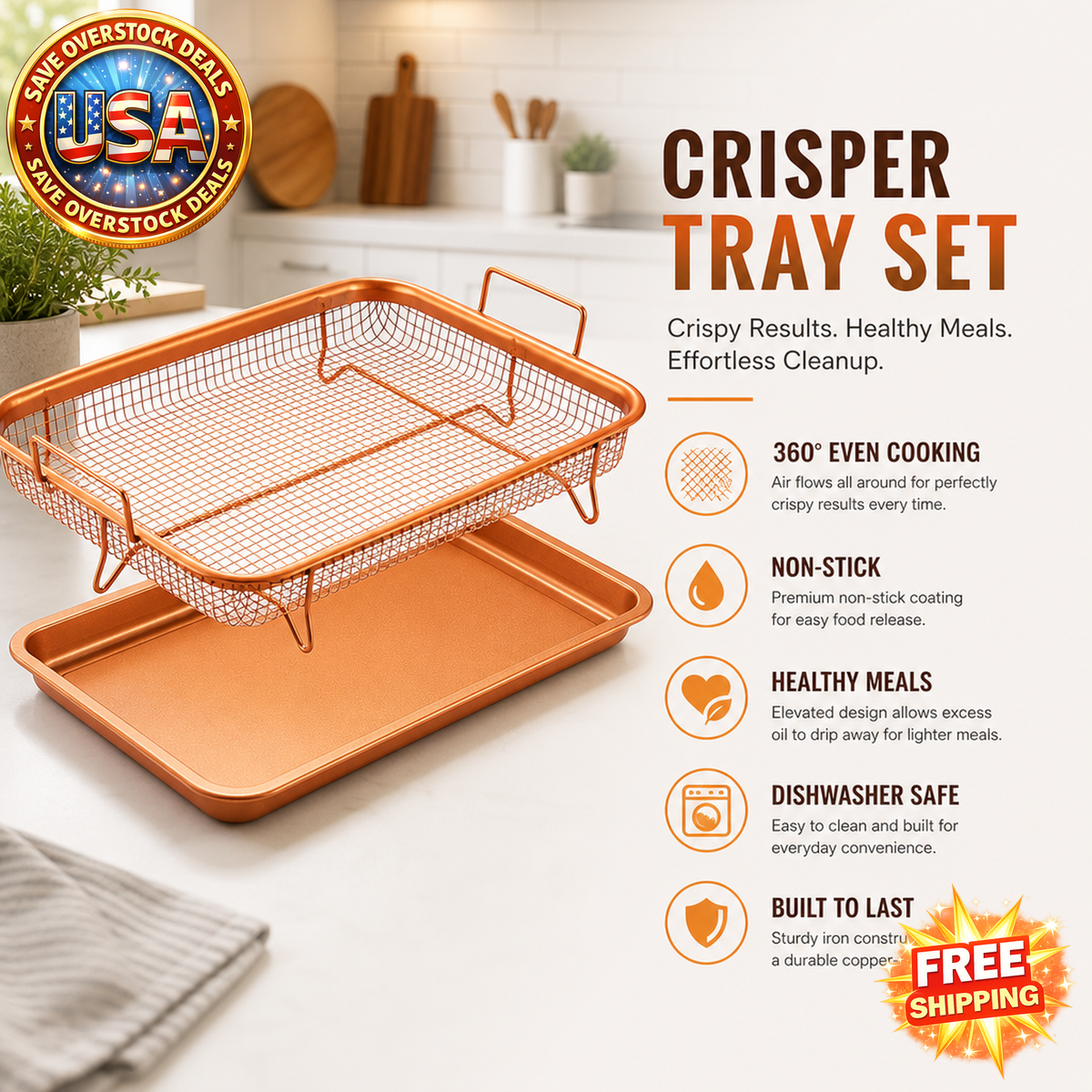 Crisper Tray Set Non Stick Cookie Sheet and Grill Basket