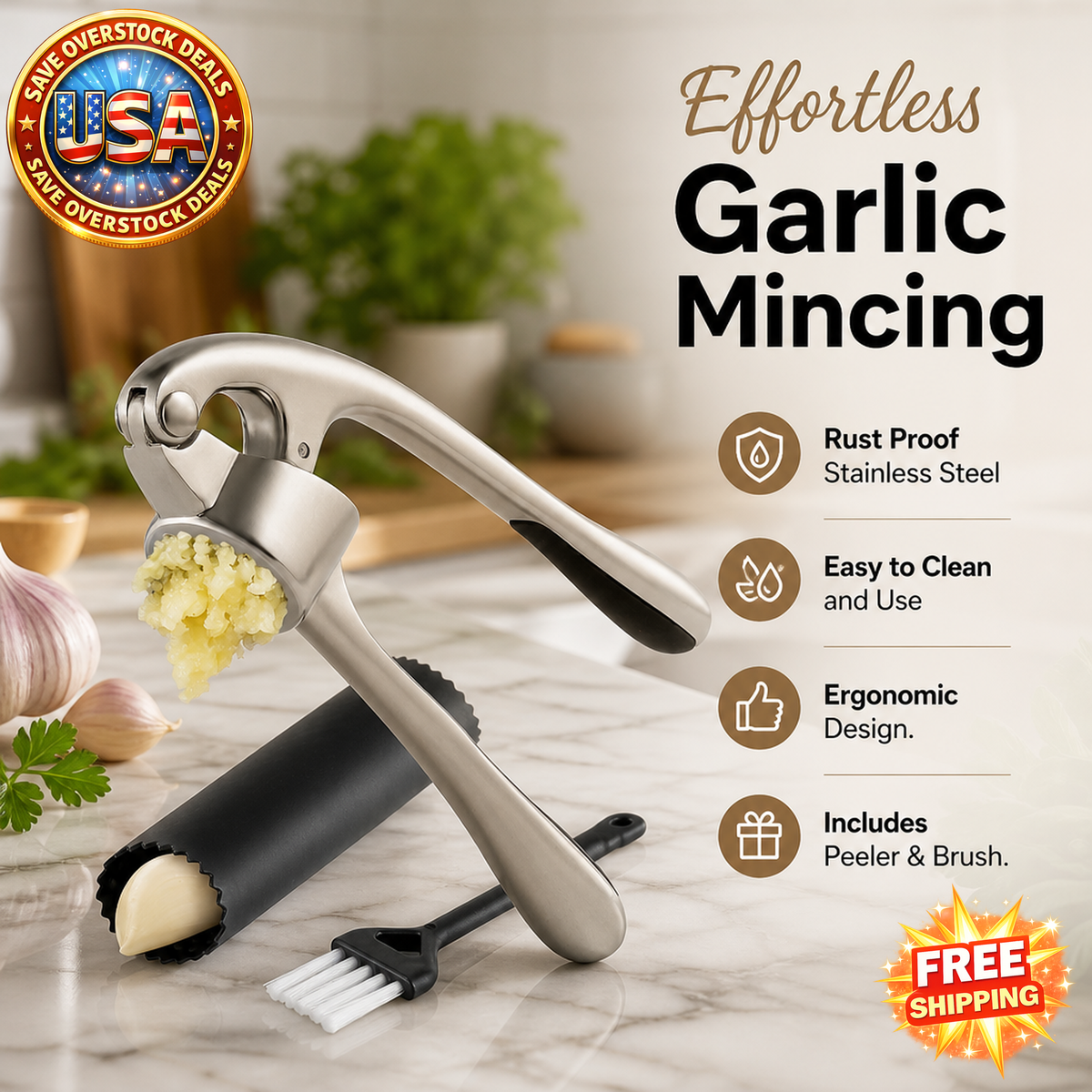 Premium Garlic Press Set with Silicone Peeler & Brush