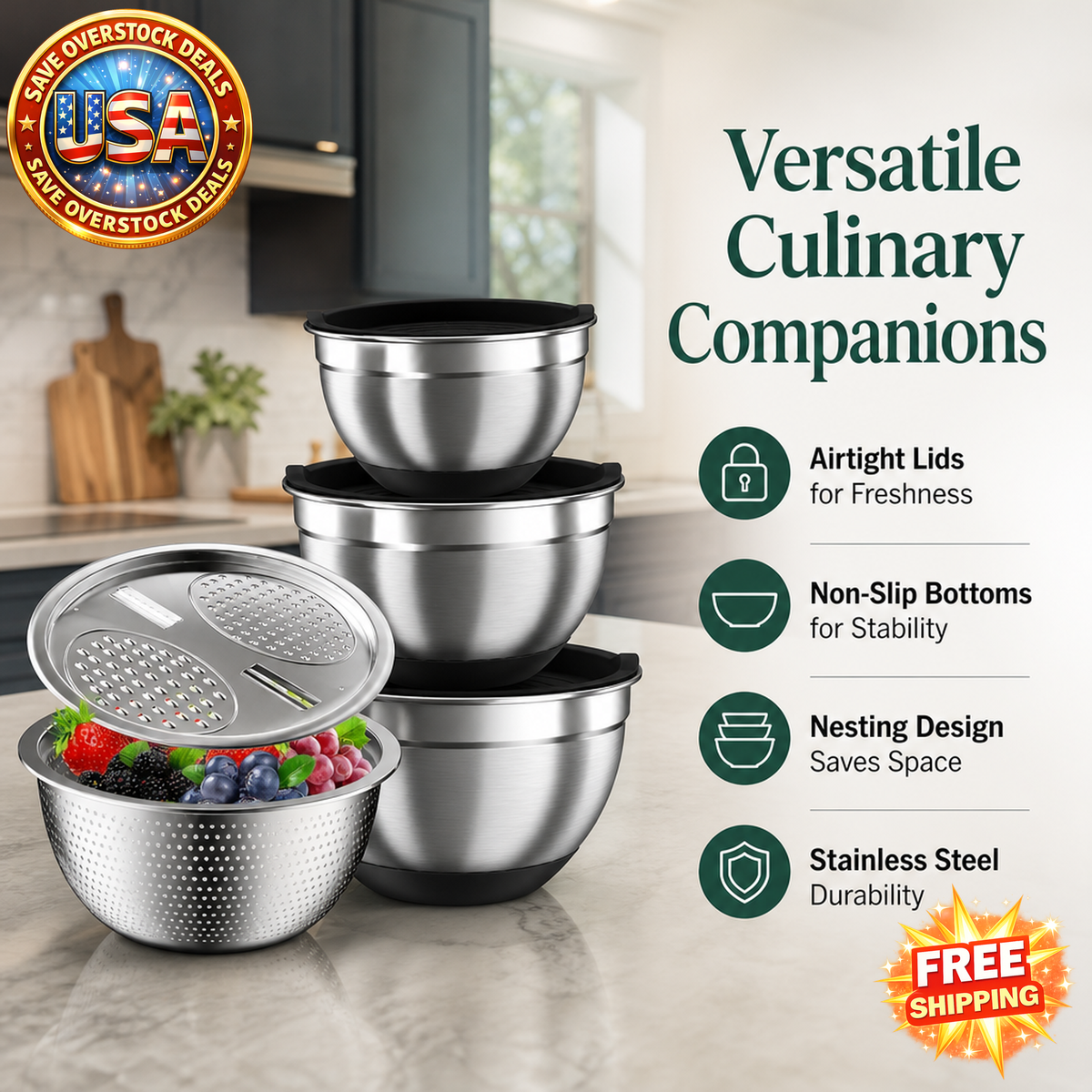 Stainless Steel Mixing Bowls Set with Airtight Lids, 5 QT