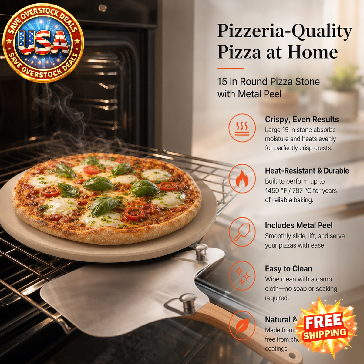 15 in Round Cordierite Pizza Stone with Metal Peel and Scraper