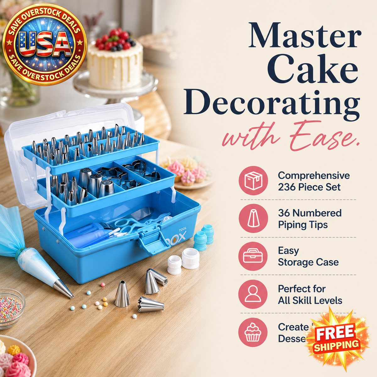 Satianyou Cake Decorating Tools Supplies Kit, 236 Pieces Baking Accessories with Storage Case, Frosting Piping Kit, Piping Bags and Tips Set with 36 Numbered Piping Tips, Pastry Bags for Cake(236)