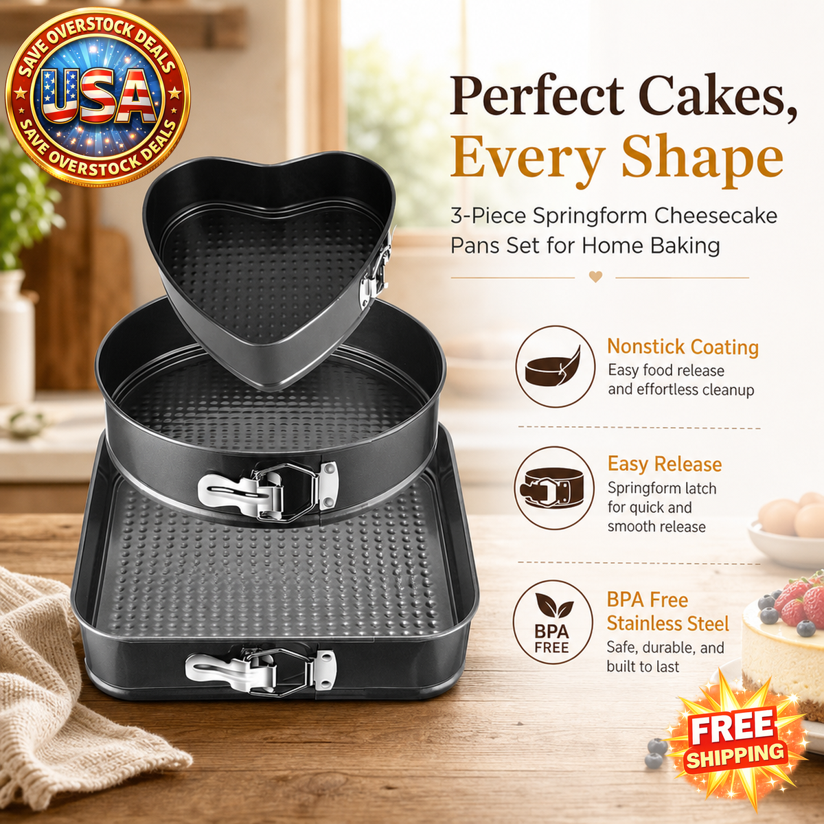 Springform Cheesecake Pans Set, 3 Nonstick Cake Molds