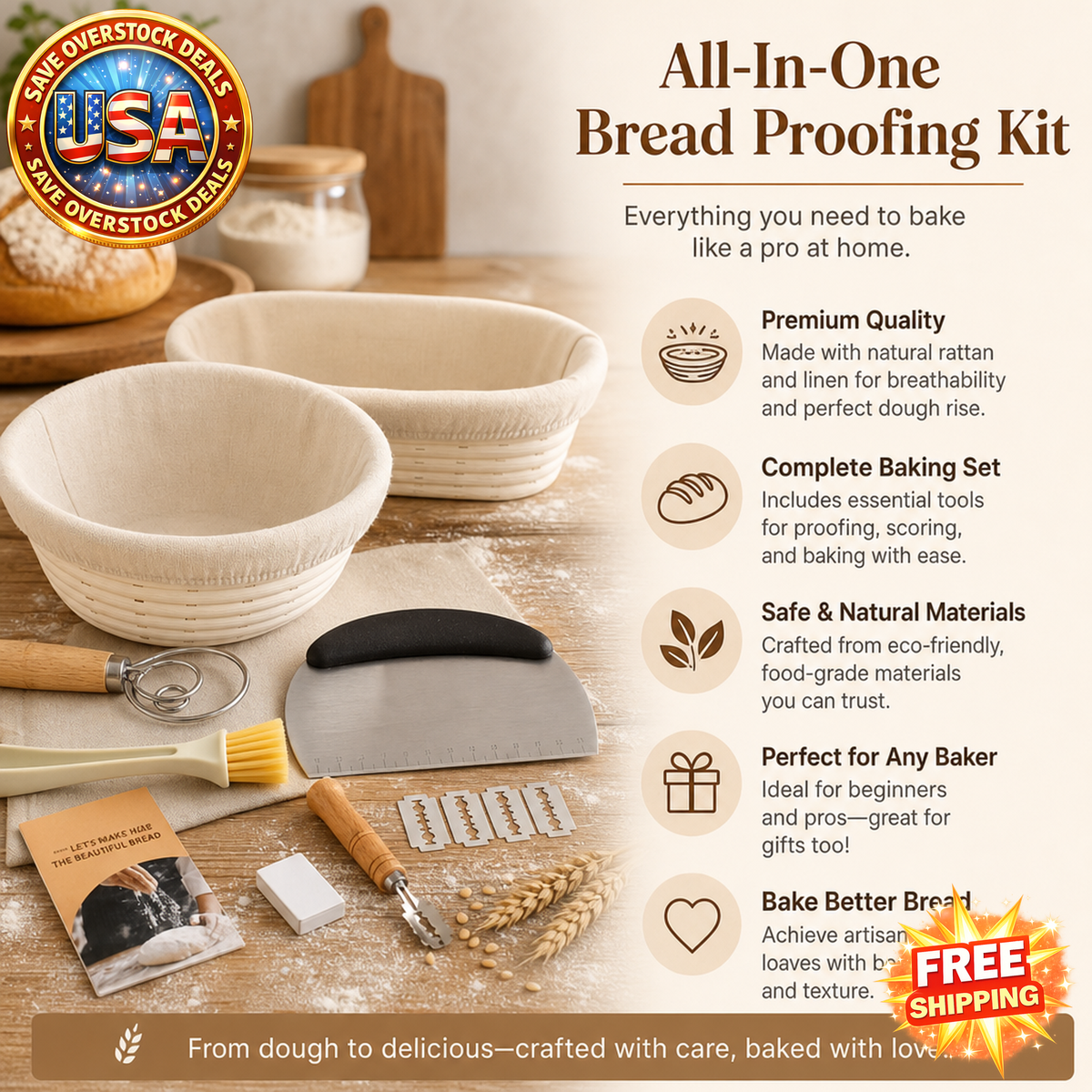 Bread Proofing Kit with Rattan Baskets and Baking Tools