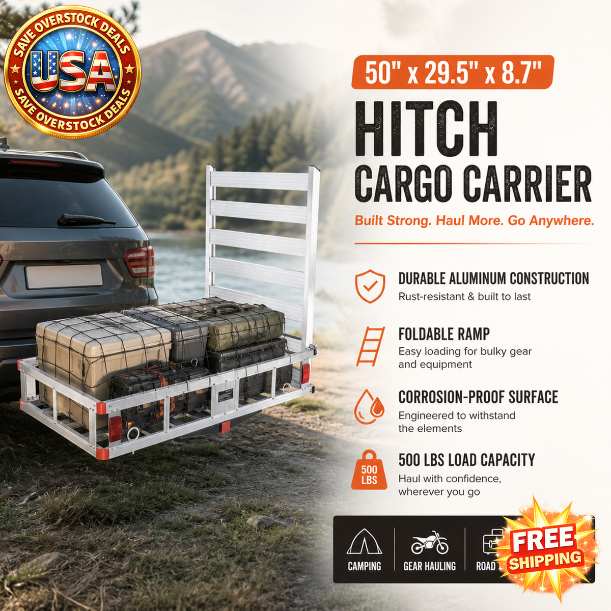 Hitch Cargo Carrier with Ramp, 500lbs Capacity, Aluminum