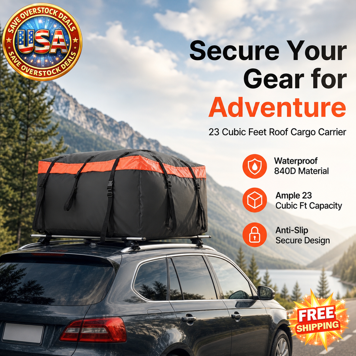 23 Cubic Feet Waterproof Car Rooftop Cargo Carrier Bag