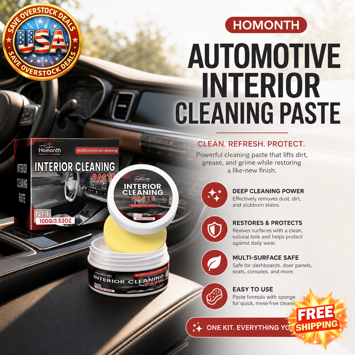 HOMONTH Automotive Interior Cleaning Paste Kit with Sponge