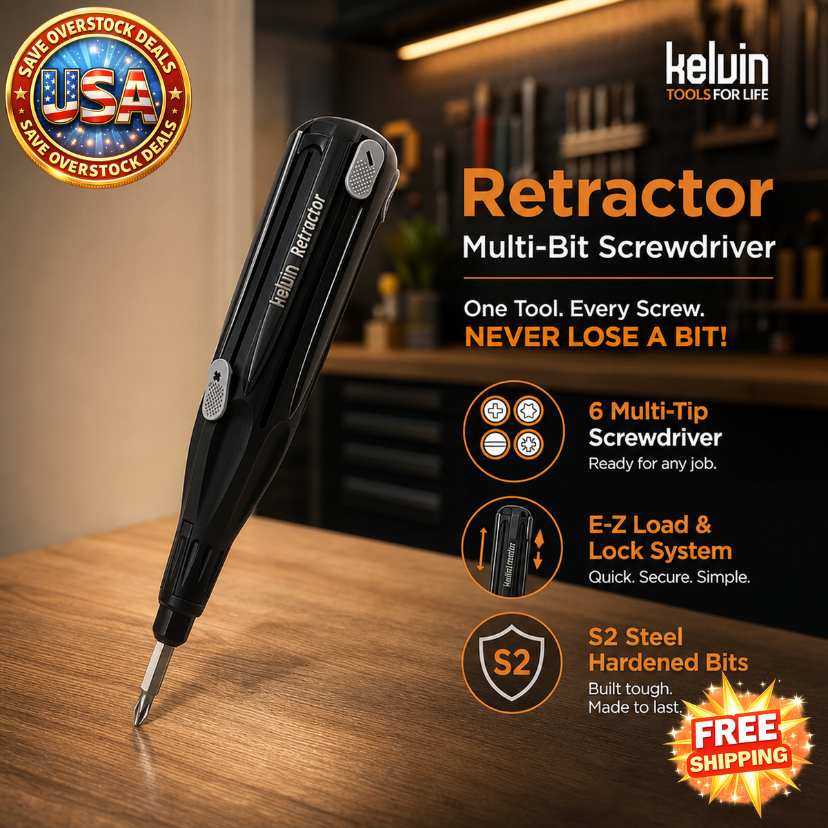 Kelvin Tools Retractor Multi-Bit Screwdriver with E-Z Load System