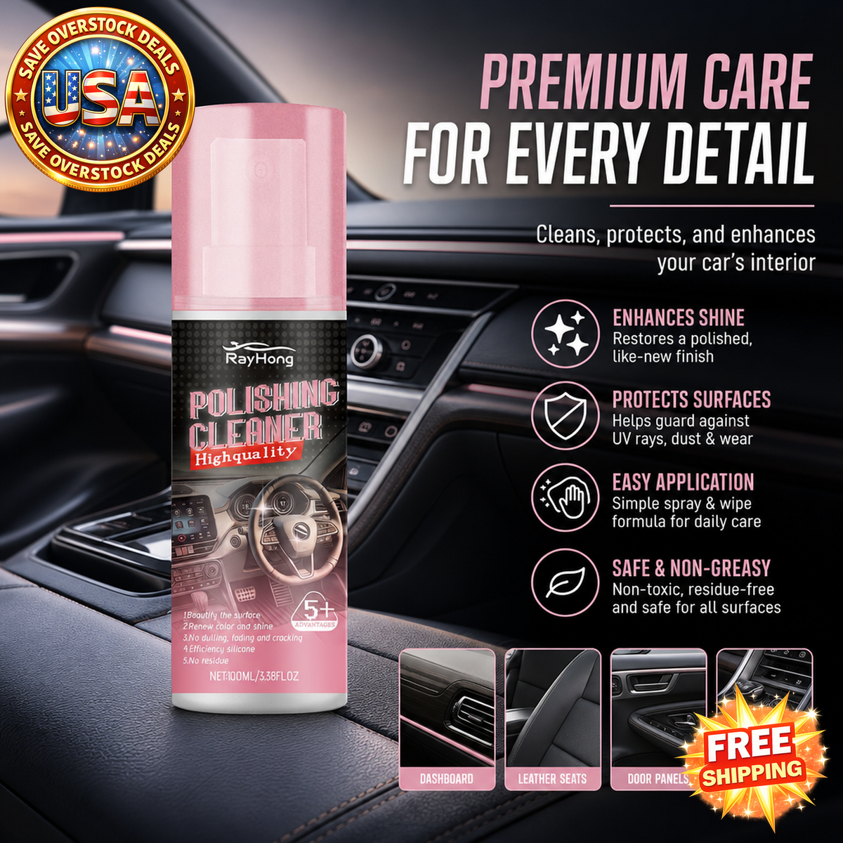 RAYHONG Automotive Interior Polish, 100 ml Bottle for Vehicle Care