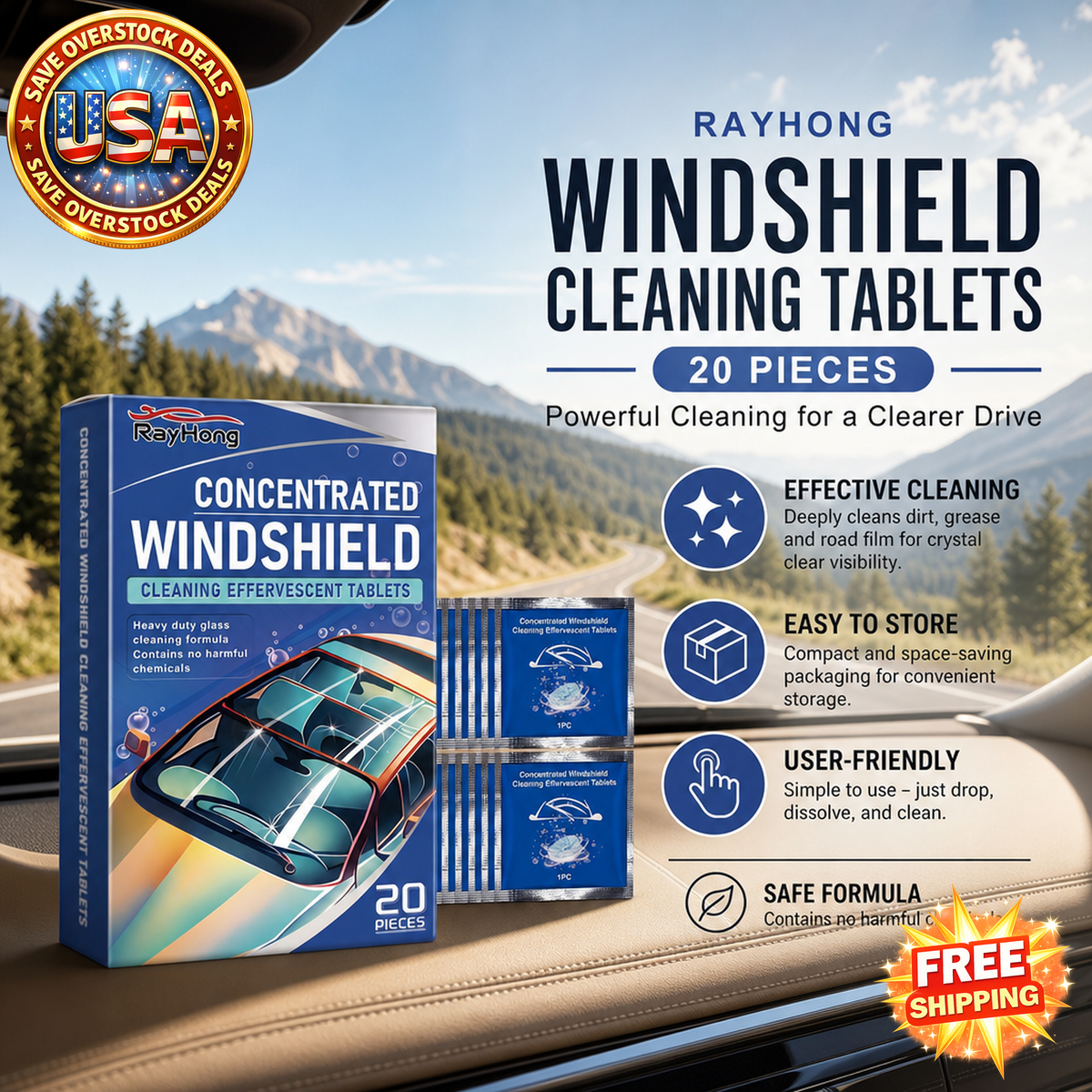 RAYHONG Windshield Cleaning Tablets, 20 Pieces for Vehicle Care