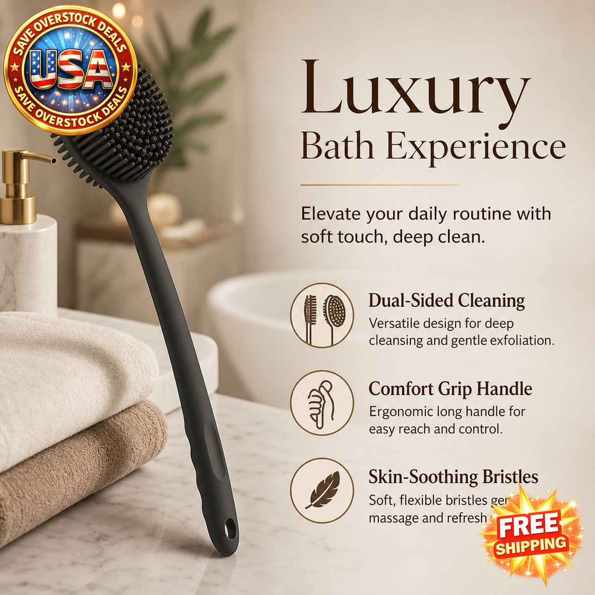 Exfoliating Bath Brush with Long Handle for Back Scrubbing