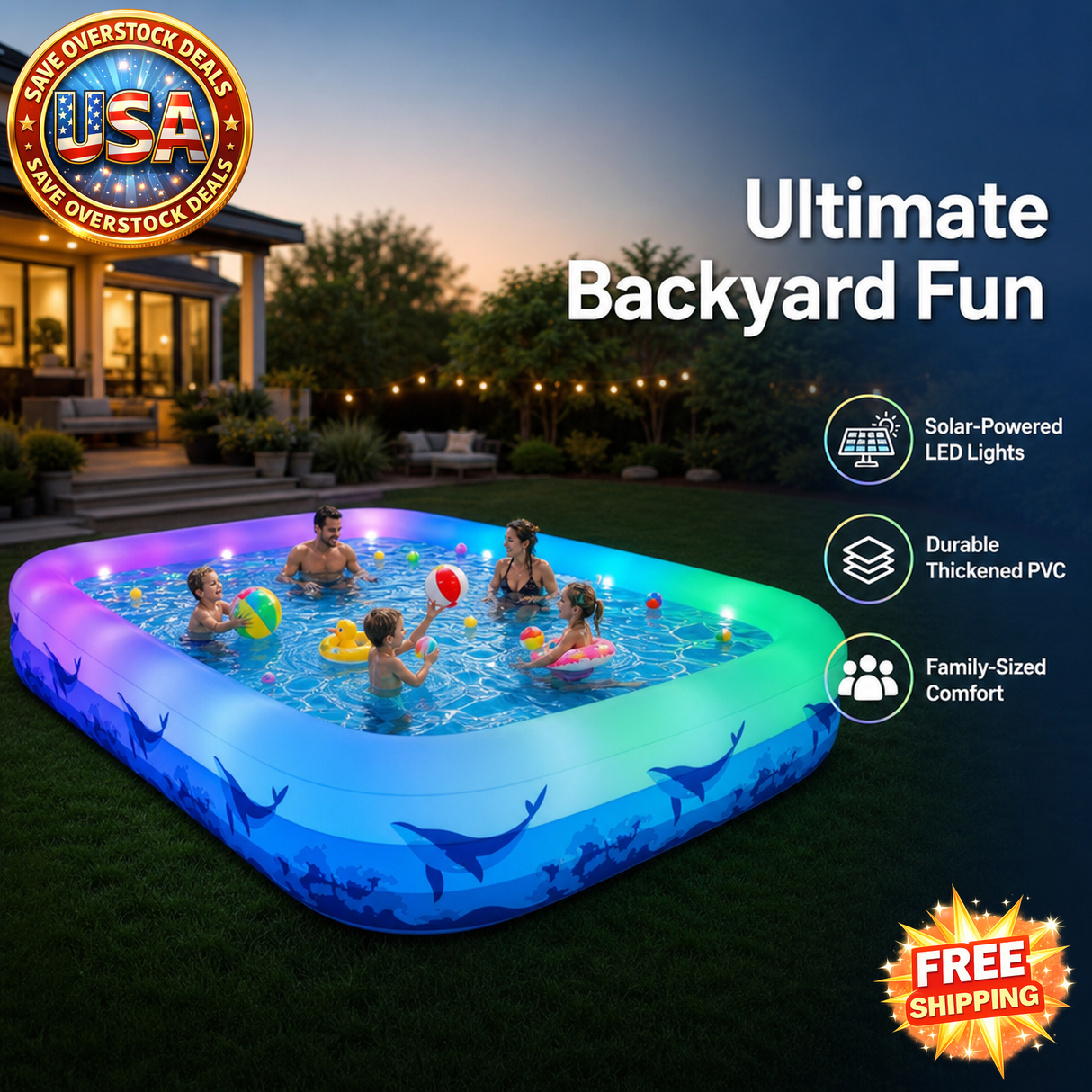 Inflatable Backyard Swimming Pool with LED Lights for Kids