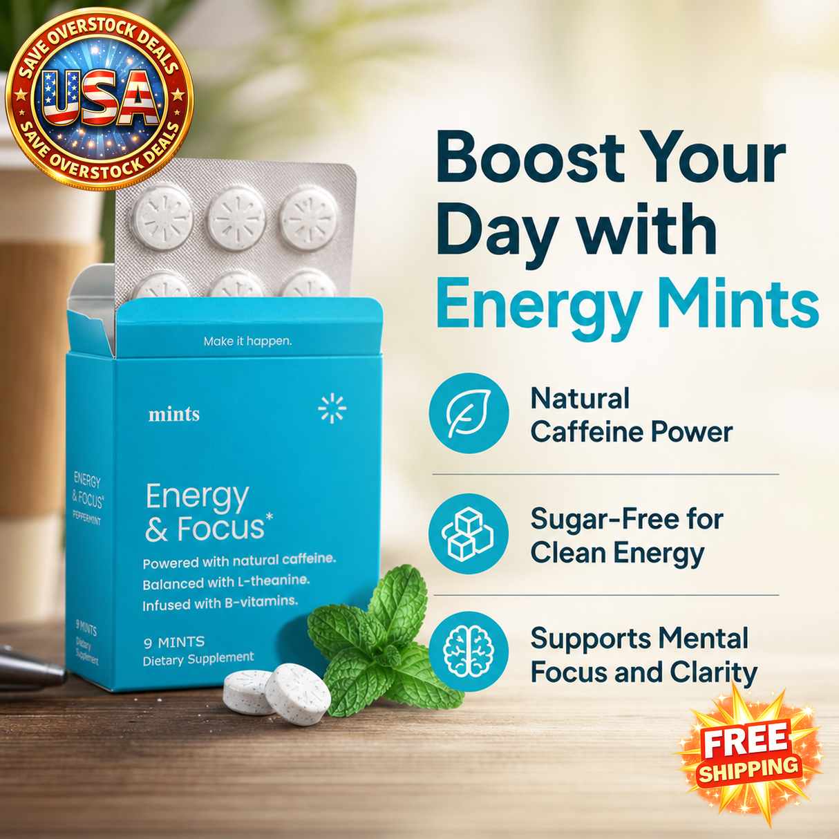 Sugar-Free Caffeine Mints with L-Theanine and B Vitamins, 20 Count