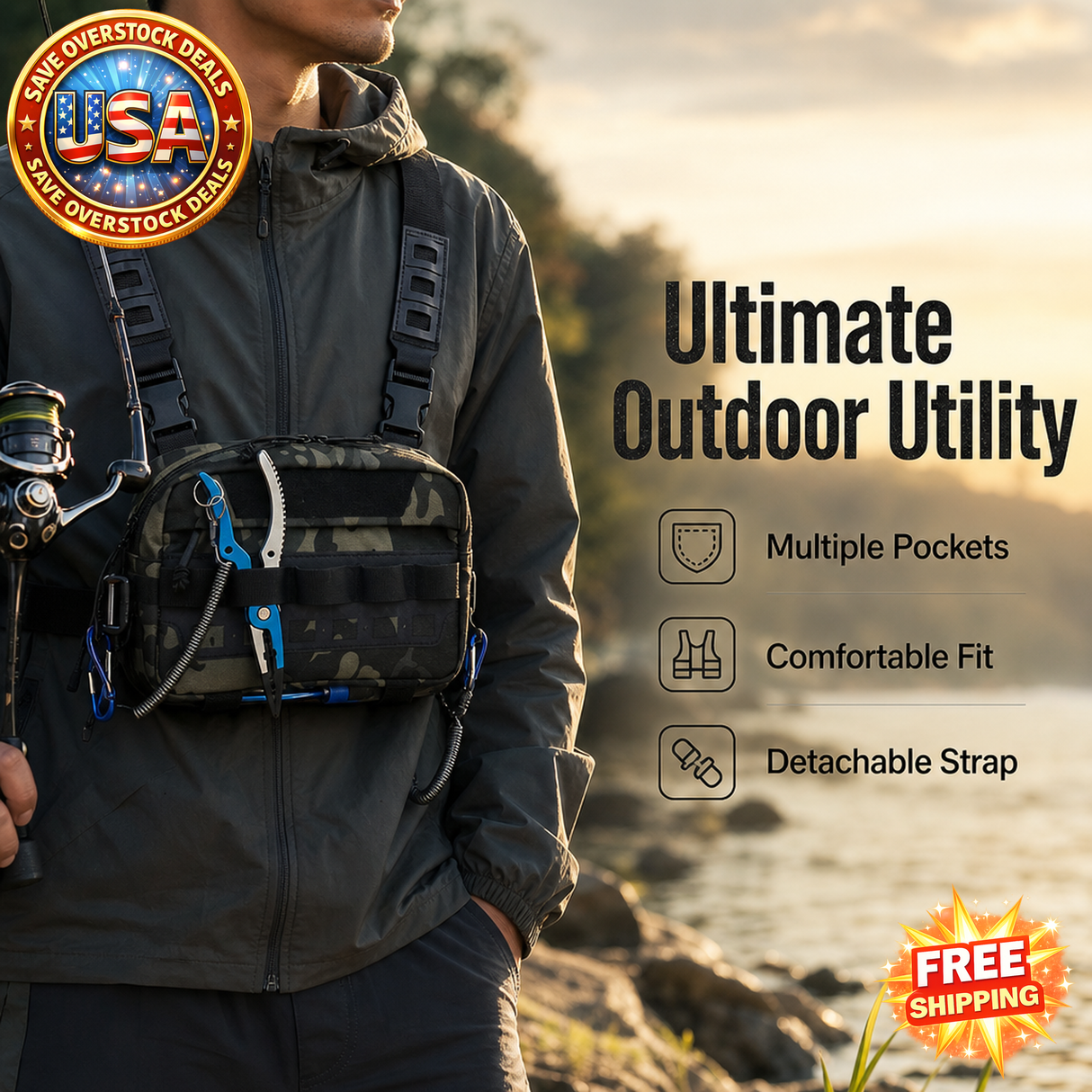 Camo Fishing Vest Bag Utility Tackle Chest Pack for Outdoor Activities