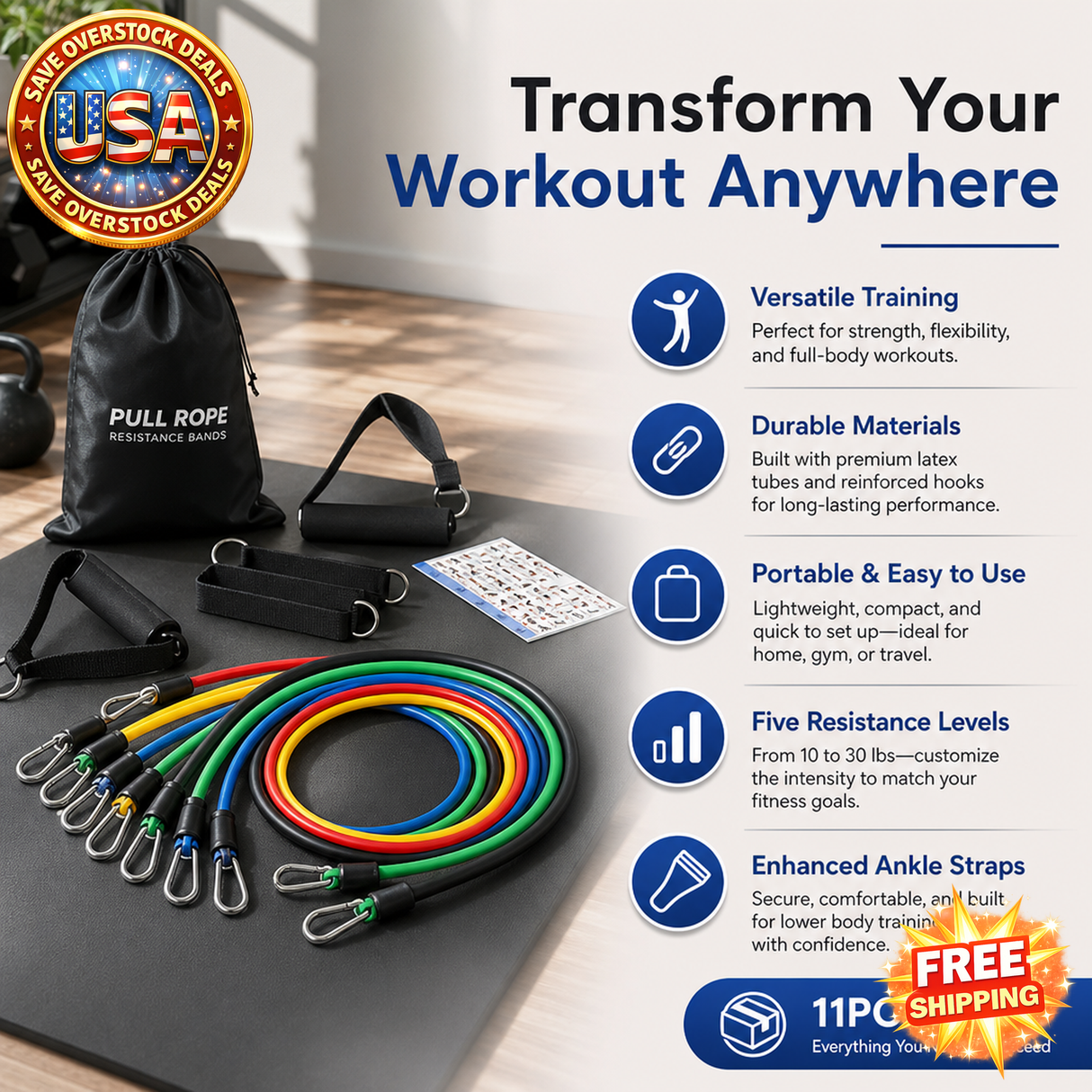 11pcs Resistance Bands Set for Portable Fitness Training Pilates