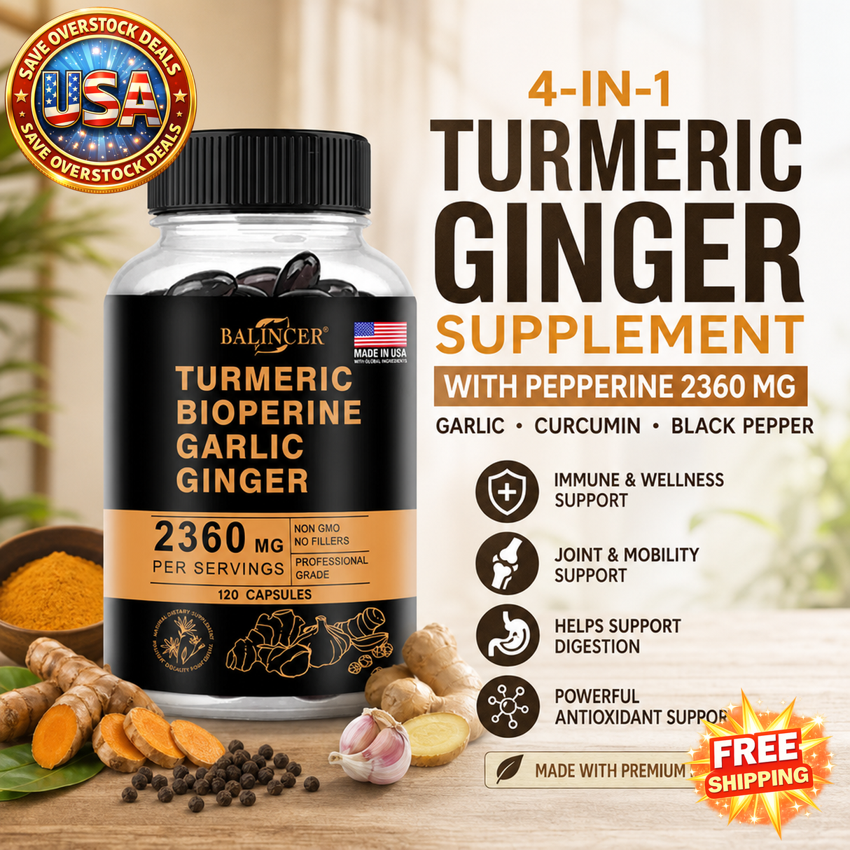 4-in-1 Turmeric Ginger Supplement with Garlic and Black Pepper