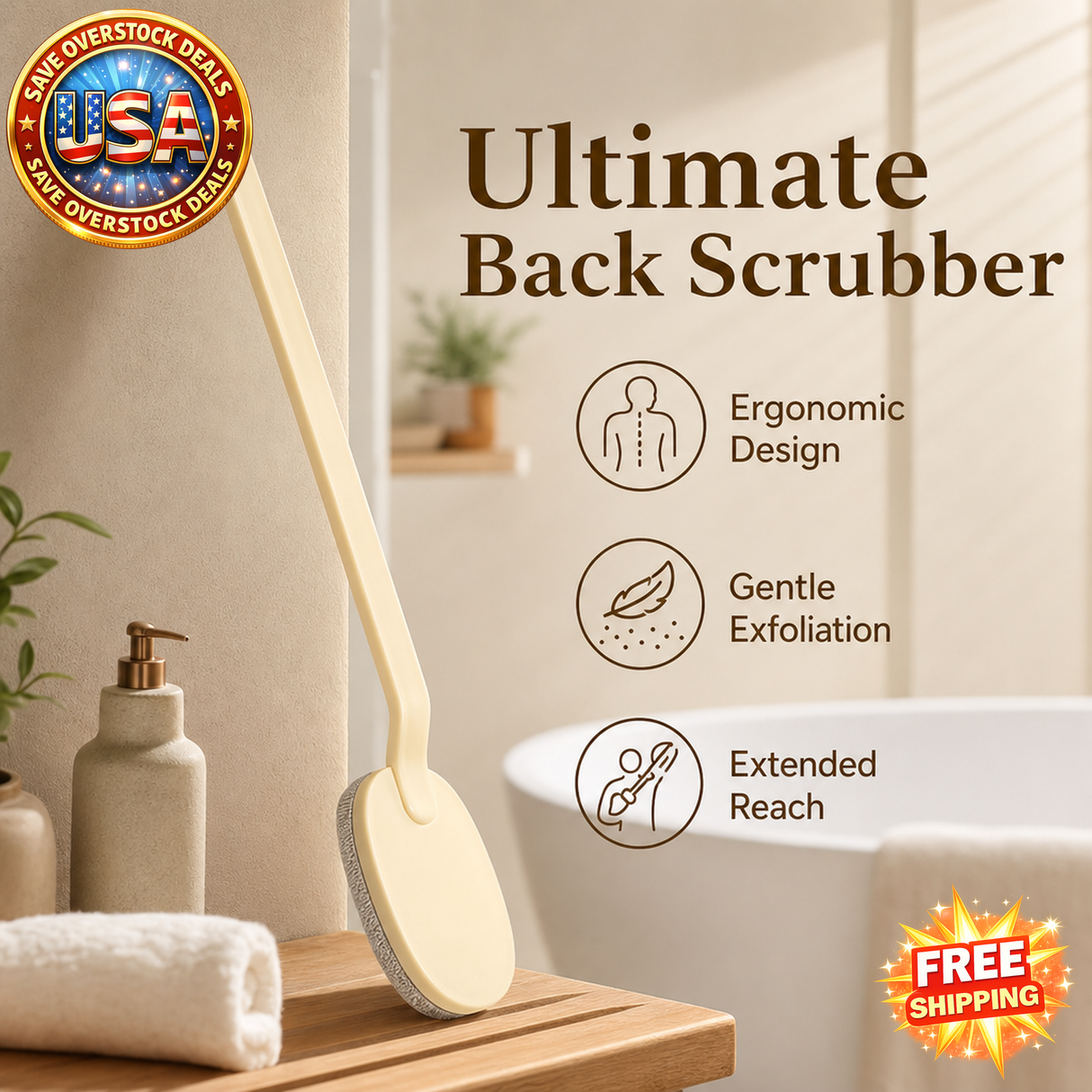 Exfoliating Bath Brush with Long Handle for Deep Cleaning